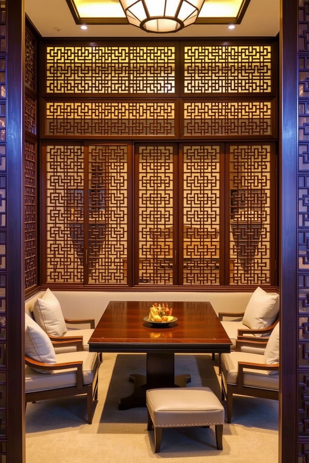 An elegant Asian dining room featuring intricate latticework screens that provide privacy while enhancing the aesthetic appeal. The room is adorned with a low wooden table surrounded by plush seating, complemented by soft ambient lighting that creates a warm atmosphere.