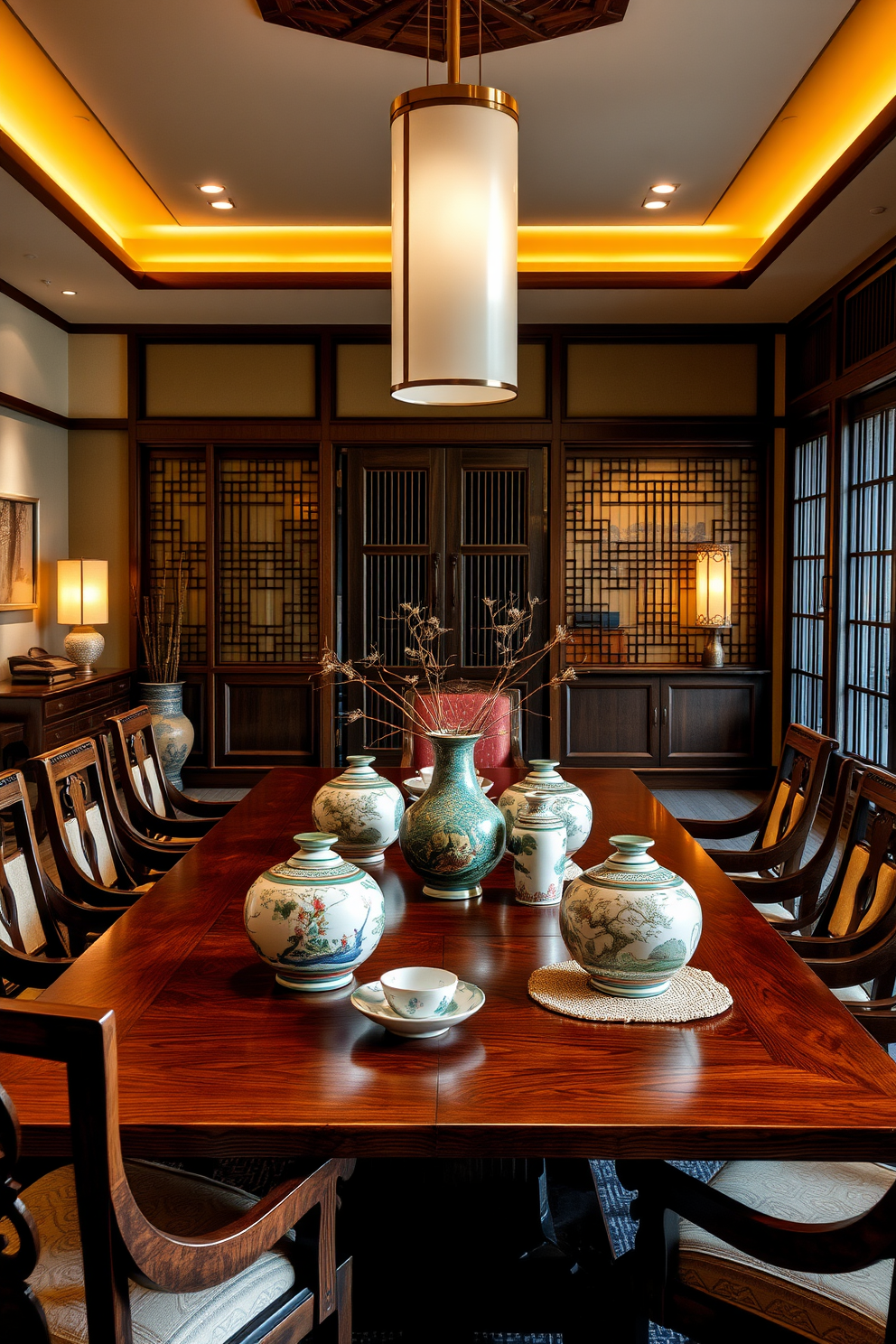 A serene Asian dining room featuring a large wooden table surrounded by elegant chairs. The table is adorned with hand-painted ceramics that serve as stunning centerpieces, showcasing intricate designs and vibrant colors. Soft ambient lighting illuminates the space, highlighting the rich textures of bamboo and silk in the decor. The walls are adorned with traditional artwork, creating a harmonious blend of culture and sophistication.