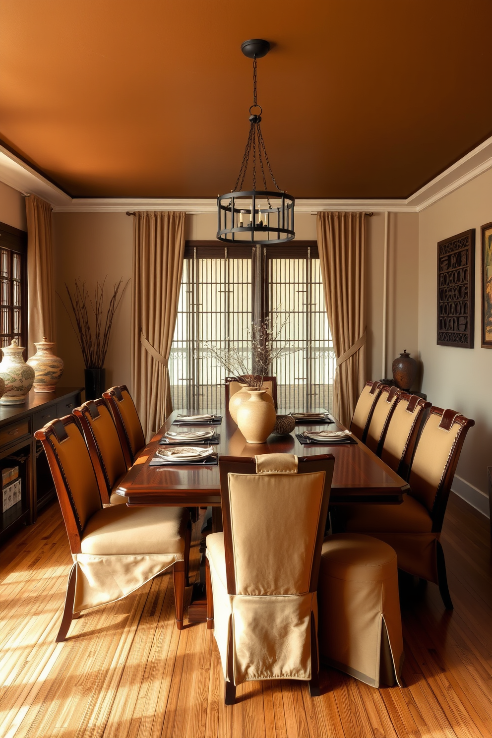 A cozy Asian dining room featuring warm earthy tones. The space includes a large wooden dining table surrounded by elegant upholstered chairs in rich browns and soft creams. Natural light filters through sheer curtains, illuminating the warm tones of the bamboo flooring. Decorative elements like ceramic vases and intricate wall art enhance the inviting atmosphere.