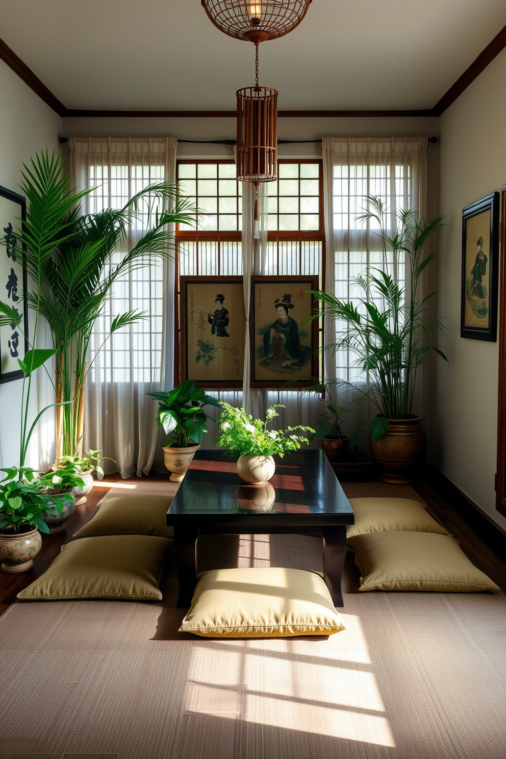 A serene Asian dining room featuring a low wooden table surrounded by floor cushions. Lush green plants are placed in decorative pots around the room, bringing a fresh and vibrant atmosphere. The walls are adorned with traditional Asian artwork, and bamboo accents create a harmonious feel. Soft natural light filters through sheer curtains, enhancing the tranquil ambiance of the space.