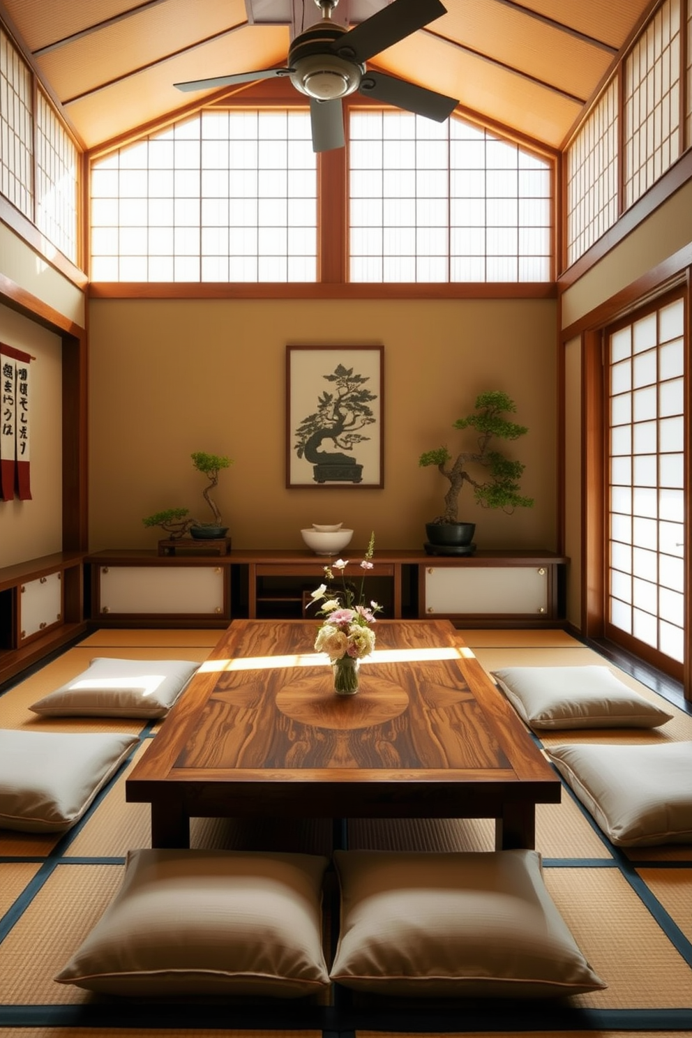 A traditional tatami mat dining area features a low wooden table surrounded by floor cushions. The walls are adorned with shoji screens, allowing soft natural light to filter through, creating a serene ambiance. Decorative wall hangings and potted bonsai trees add an authentic touch to the space. A simple yet elegant centerpiece of fresh flowers enhances the inviting atmosphere of the dining room.