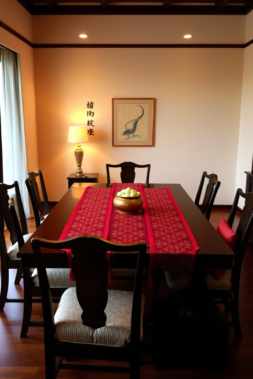 A serene Asian dining room features a beautiful wooden table adorned with traditional silk table runners in rich colors. Surrounding the table are elegant chairs with matching cushions, creating a harmonious and inviting atmosphere. The walls are decorated with subtle Asian-inspired artwork, enhancing the cultural essence of the space. Soft ambient lighting illuminates the room, highlighting the intricate patterns of the table runners and cushions.