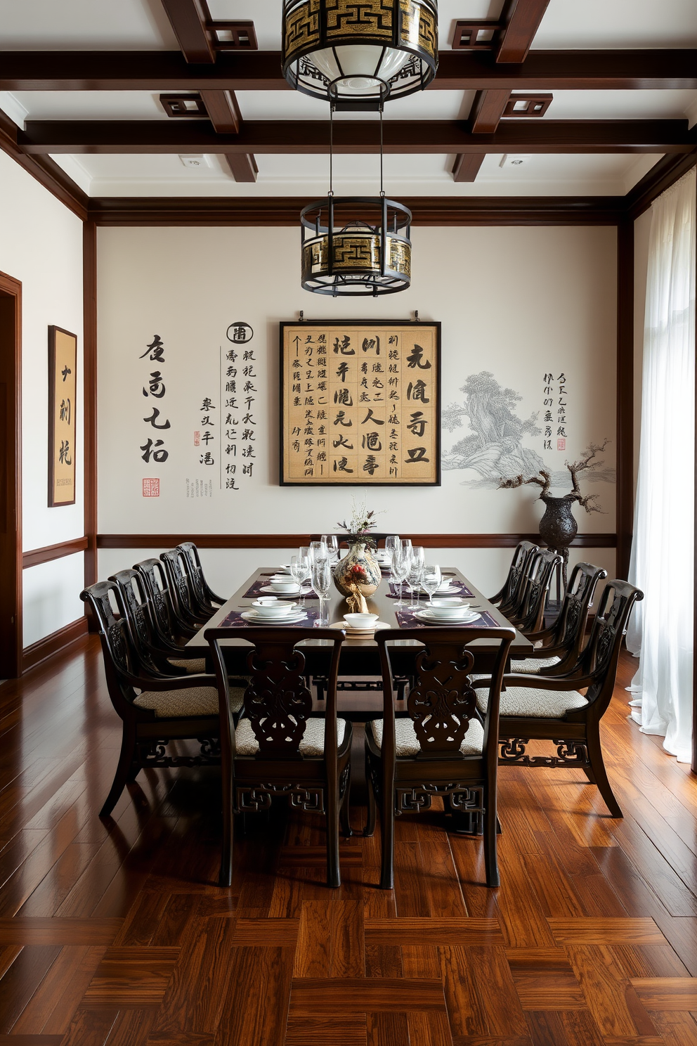 An Asian dining room featuring artistic calligraphy adorning the walls creates a serene and culturally rich atmosphere. A large wooden dining table is set with elegant dishware, surrounded by intricately designed chairs that reflect traditional craftsmanship.