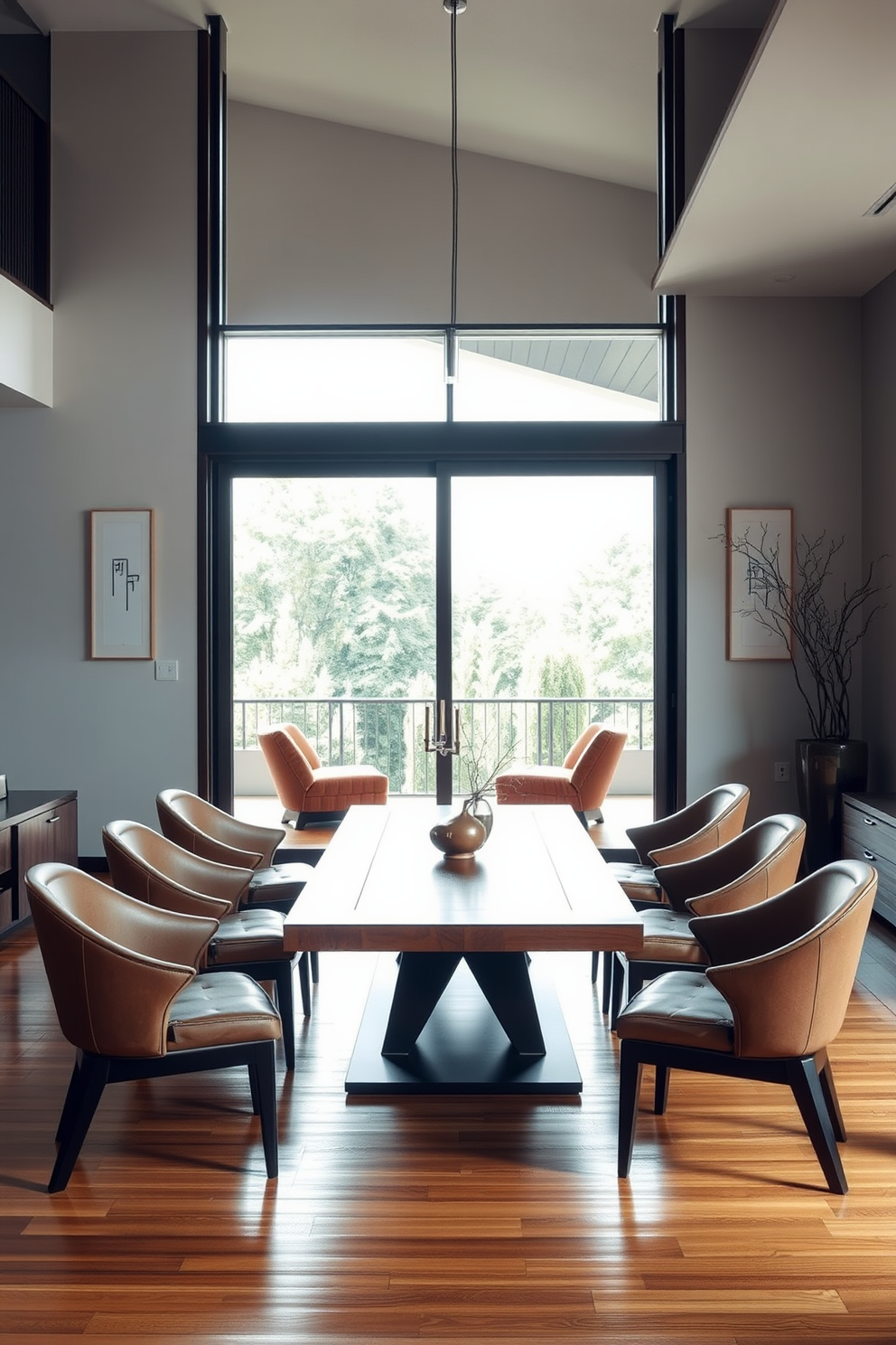 A modern dining room featuring sleek furniture with Asian influences. The centerpiece is a low, rectangular wooden table surrounded by elegantly designed chairs with subtle curves and rich upholstery. The walls are adorned with minimalist artwork that reflects traditional Asian motifs. A large window allows natural light to flood the space, highlighting the warm tones of the wooden floor.