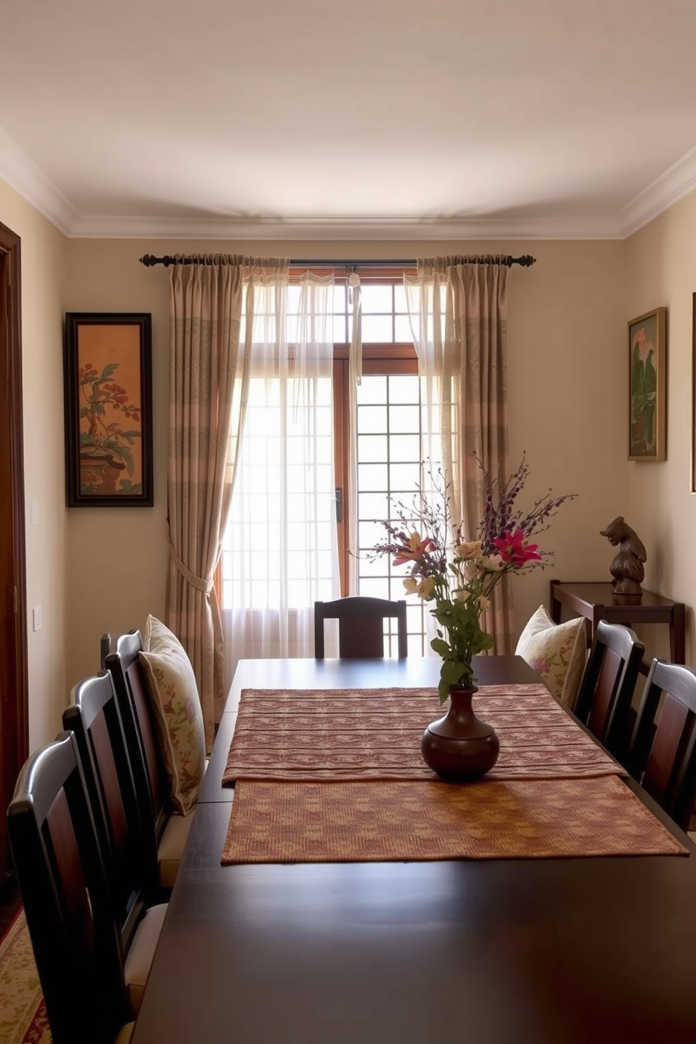 A warm and inviting Asian dining room features layered textiles that create a cozy atmosphere. Soft, patterned cushions adorn the wooden dining chairs, while a rich, woven table runner adds texture to the dining table. Natural light filters through sheer curtains, casting a gentle glow on the space. The walls are painted in a soft cream, complementing the dark wood accents and vibrant artwork that reflect Asian heritage.