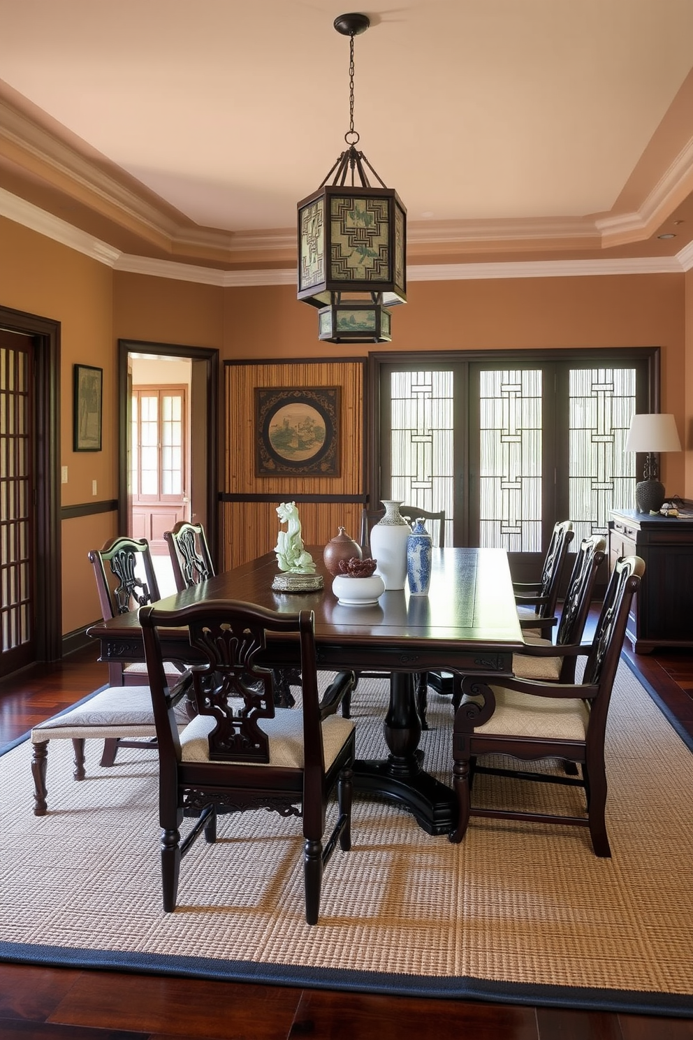 A serene Asian dining room featuring a large wooden table surrounded by intricately carved chairs. Vintage Asian artifacts such as a jade sculpture and a set of porcelain vases adorn the table, enhancing the cultural ambiance. The walls are painted in warm earth tones, complemented by bamboo paneling. Soft lighting from hanging lanterns creates an inviting atmosphere, while a woven rug adds texture to the space.