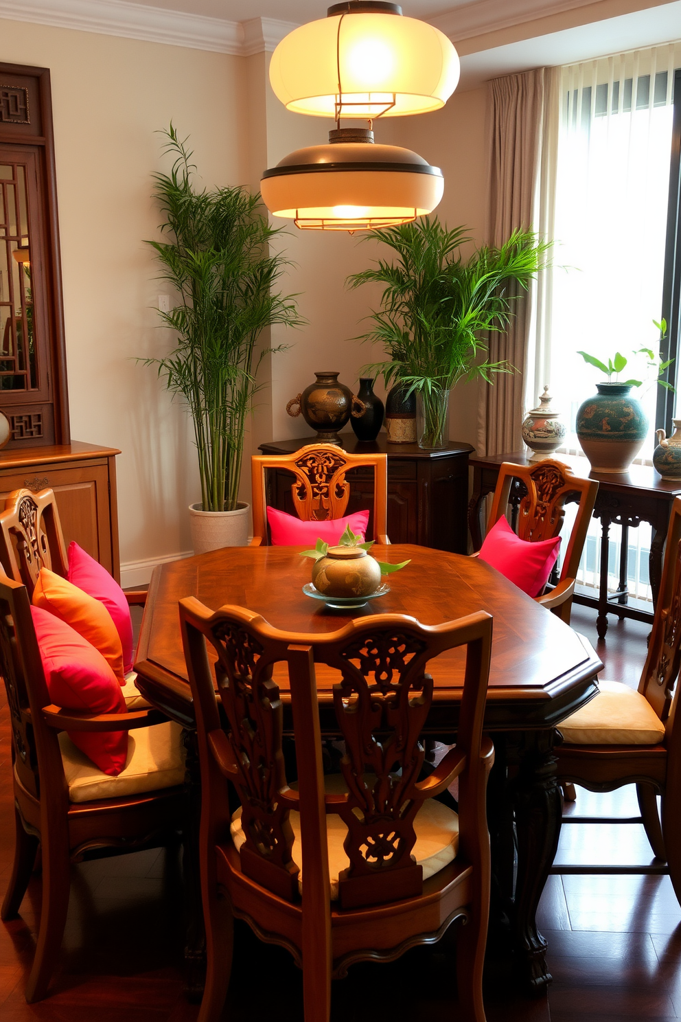 A serene Asian dining room features a wooden table with intricate carvings surrounded by elegant dining chairs. Bright accent pillows in vibrant colors adorn the chairs, adding a pop of color to the warm wood tones of the furniture. Soft ambient lighting hangs above the table, casting a warm glow across the room. Bamboo plants and decorative ceramics enhance the tranquil atmosphere, creating a perfect setting for intimate gatherings.