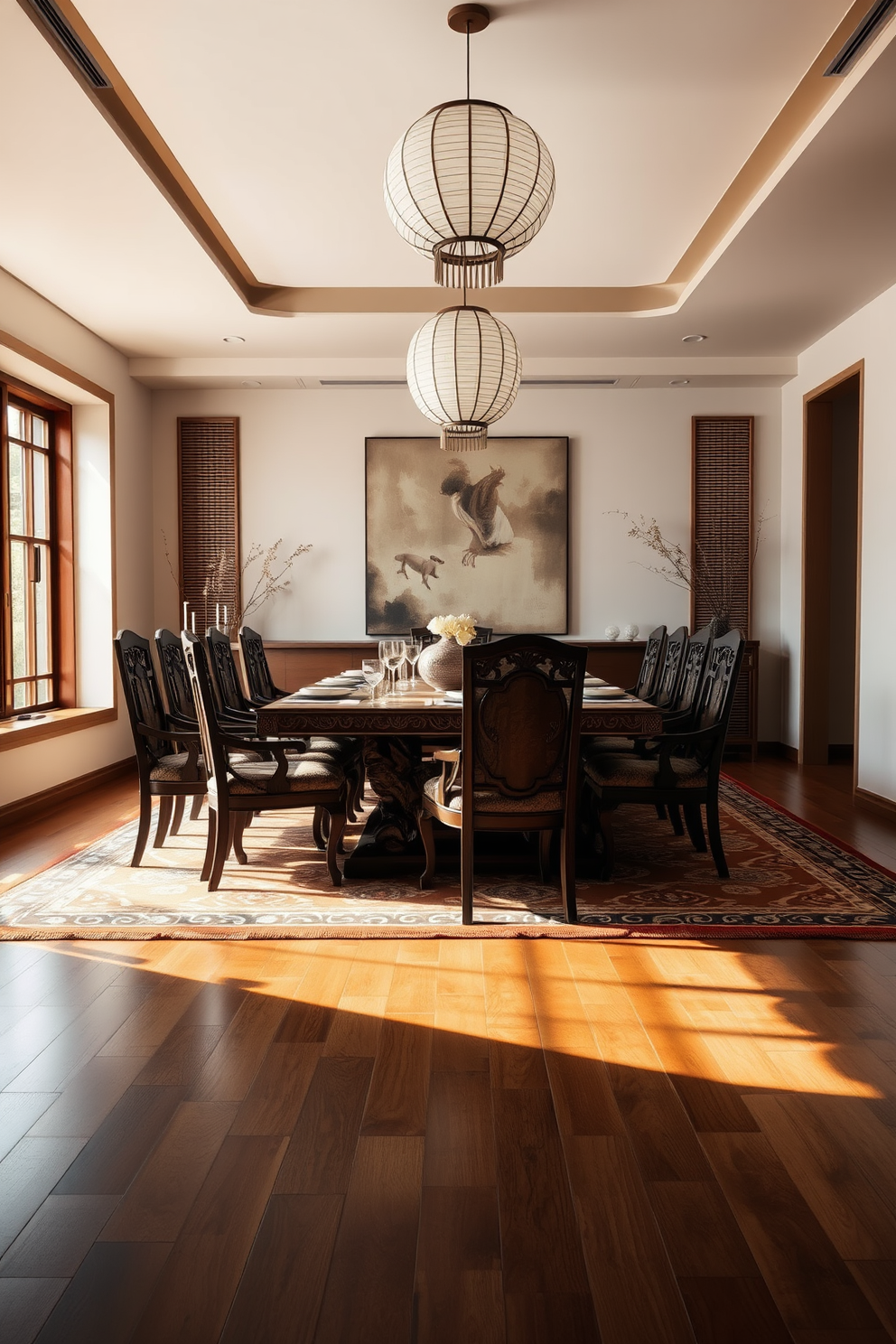 A serene Asian dining room featuring a large wooden table with intricate carvings surrounded by elegant chairs upholstered in rich fabrics. The floor is adorned with rugs showcasing geometric patterns in earthy tones, creating a harmonious blend of tradition and modernity. The walls are painted in soft neutral shades, complemented by bamboo accents and paper lanterns hanging from the ceiling. A large window allows natural light to flood the space, highlighting the beautiful tableware set for an inviting dining experience.