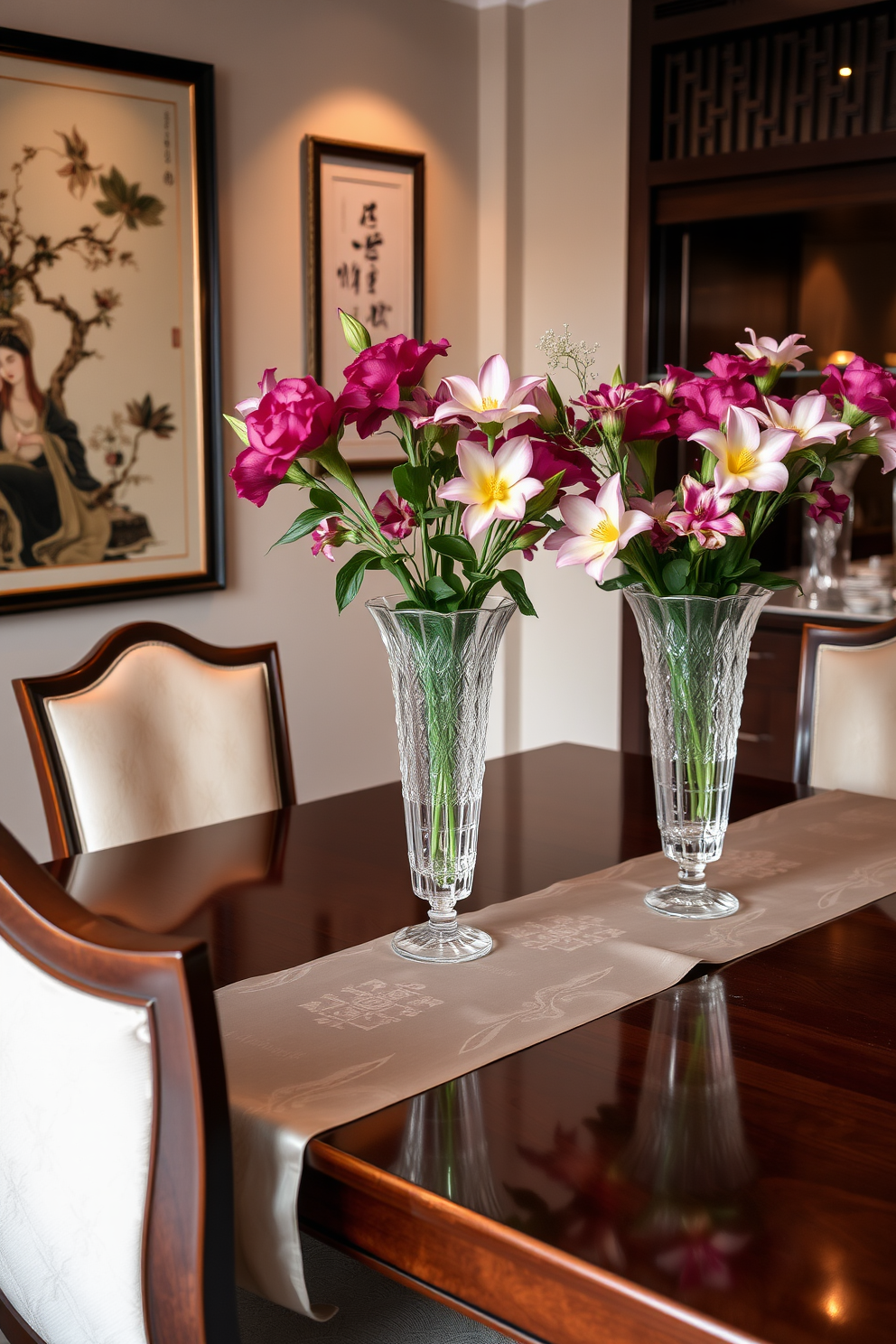 Elegant crystal vases are placed on a polished mahogany dining table, showcasing vibrant floral arrangements that add a touch of sophistication. The walls are adorned with intricate Asian art pieces, and soft ambient lighting creates a warm and inviting atmosphere. The dining chairs feature elegant upholstery with subtle patterns, complementing the overall aesthetic of the room. A delicate silk runner drapes across the table, enhancing the luxurious feel of this Asian-inspired dining space.