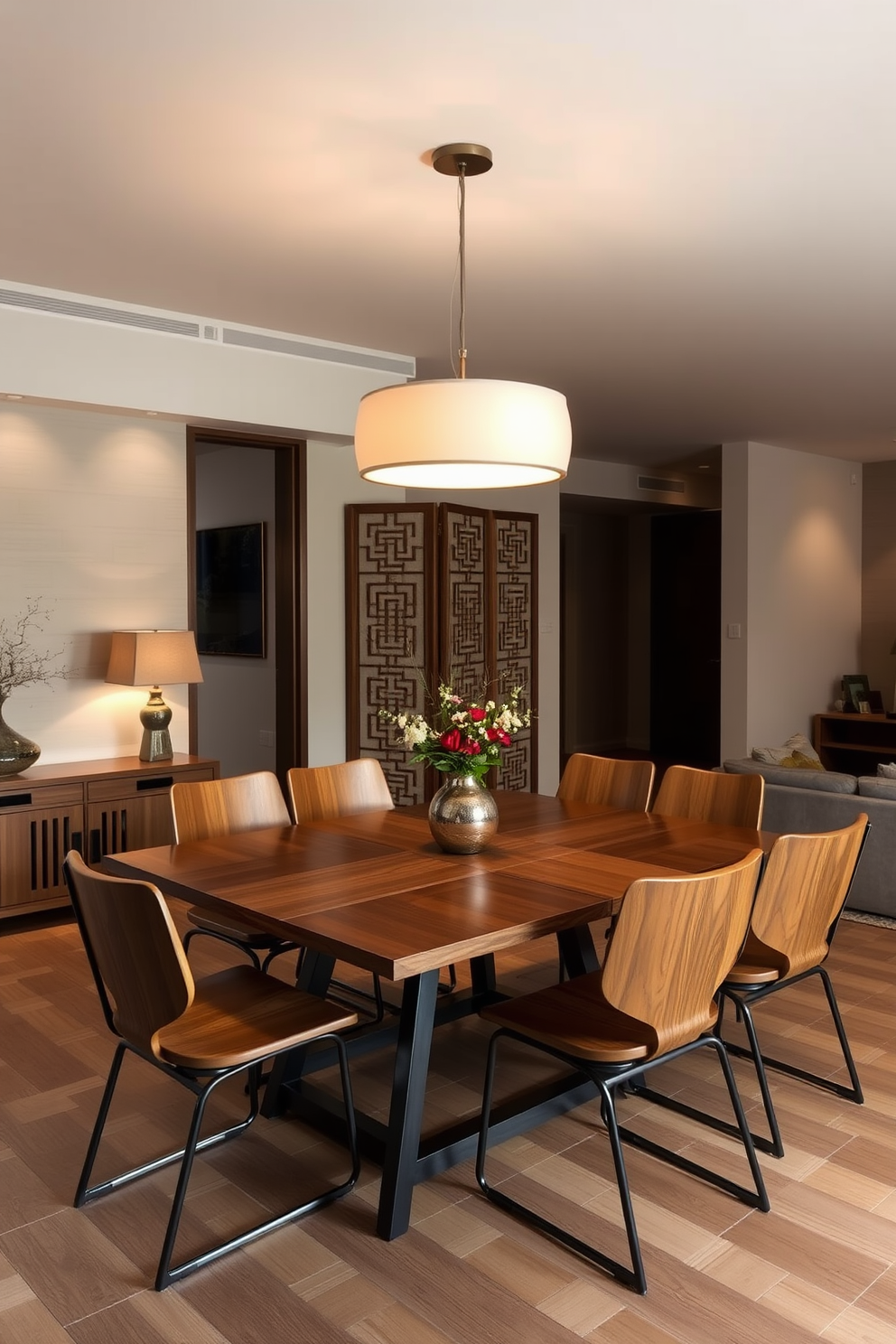 A serene Asian dining room featuring a mix of wood and metal furniture pieces. The centerpiece is a sleek wooden dining table with metal legs, surrounded by elegant chairs that combine natural wood finishes with metal accents. Soft ambient lighting casts a warm glow over the space, enhancing the rich tones of the wooden elements. A decorative screen with intricate patterns divides the dining area from the living space, adding an element of privacy and cultural flair.