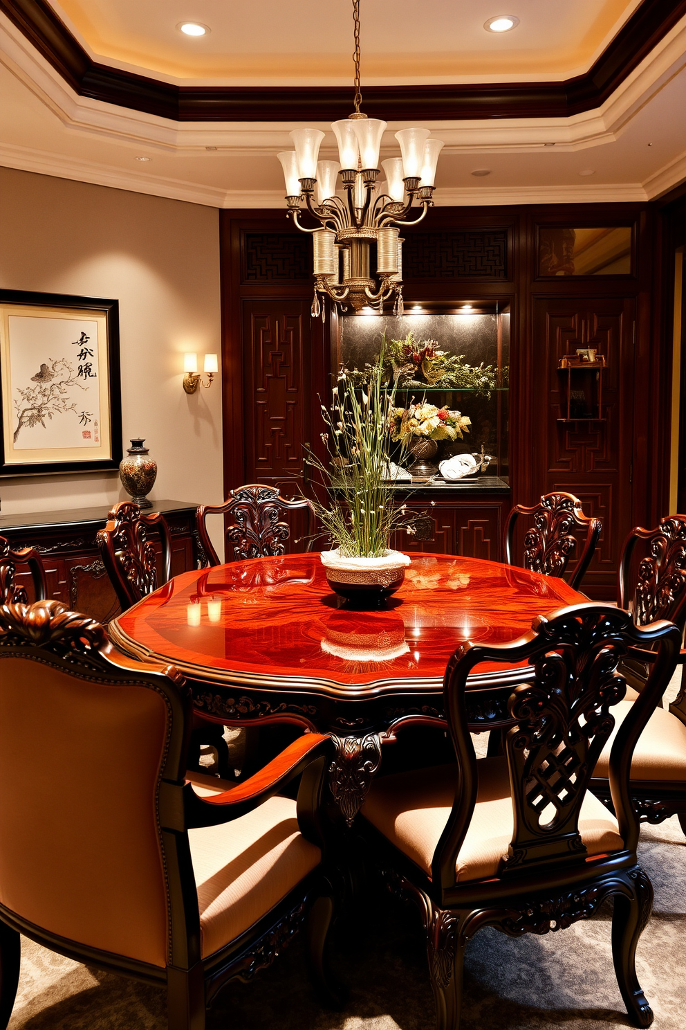 Elegant lacquered furniture creates a striking focal point in an Asian dining room. The table is surrounded by intricately designed chairs, each featuring delicate carvings and rich upholstery. Soft ambient lighting enhances the warm tones of the lacquer, creating a welcoming atmosphere. Traditional decorative elements, such as a scroll painting and a bamboo centerpiece, add cultural depth to the space.