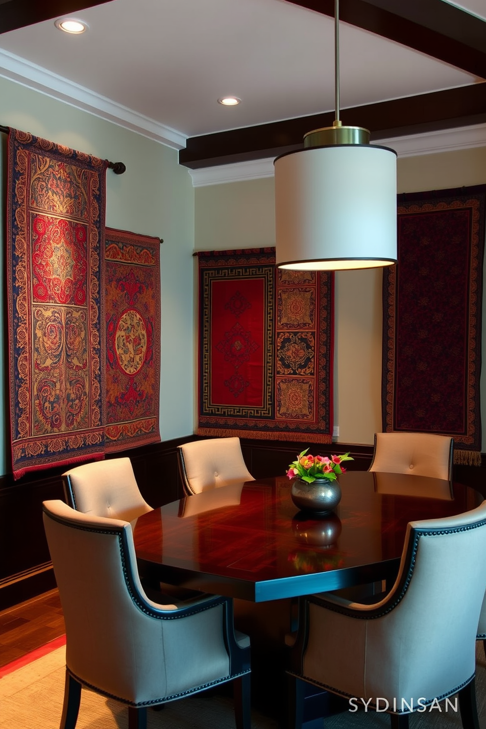 A serene Asian dining room featuring cultural textiles as wall hangings. Richly colored fabrics with intricate patterns adorn the walls, creating a warm and inviting atmosphere. The dining table is made of dark wood and surrounded by elegant chairs upholstered in complementary tones. Soft lighting from a pendant lamp casts a gentle glow over the space, enhancing the beauty of the textiles.