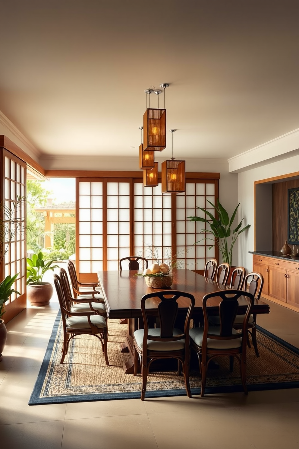 An open concept dining room featuring sliding shoji doors that seamlessly connect the indoor and outdoor spaces. The room is adorned with a large wooden dining table surrounded by elegant chairs, complemented by soft ambient lighting from hanging lanterns. Natural elements are incorporated through bamboo accents and potted plants placed strategically around the room. The color palette consists of warm earth tones, creating a serene and inviting atmosphere perfect for gatherings.