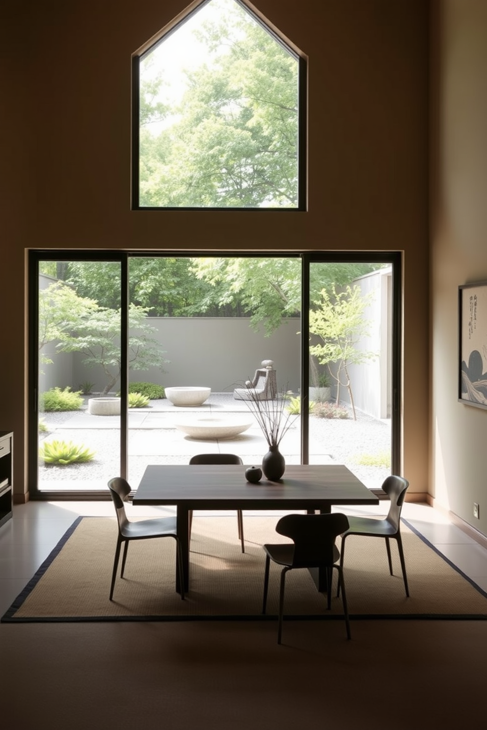 A serene dining space featuring a large window that opens to a tranquil Zen garden. The room is adorned with a low wooden table surrounded by minimalist chairs, and soft natural light filters through the window, enhancing the peaceful atmosphere. The walls are painted in soft earth tones, complementing the greenery outside. Decorative elements include a simple vase with bamboo and a subtle artwork inspired by Asian aesthetics, creating a harmonious connection with nature.