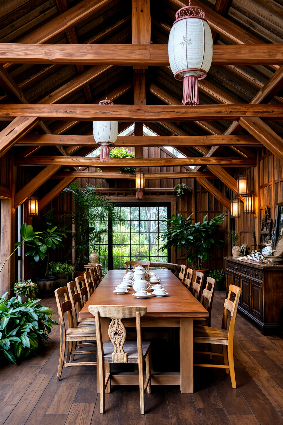 Rustic wooden beams stretch across the ceiling, creating a warm and inviting atmosphere. A large wooden dining table with mismatched chairs sits at the center, surrounded by lush greenery and soft, ambient lighting. Asian-inspired decor elements are incorporated, with delicate lanterns hanging from the beams. A sideboard displays an array of ceramic dishes and a traditional tea set, adding cultural richness to the space.