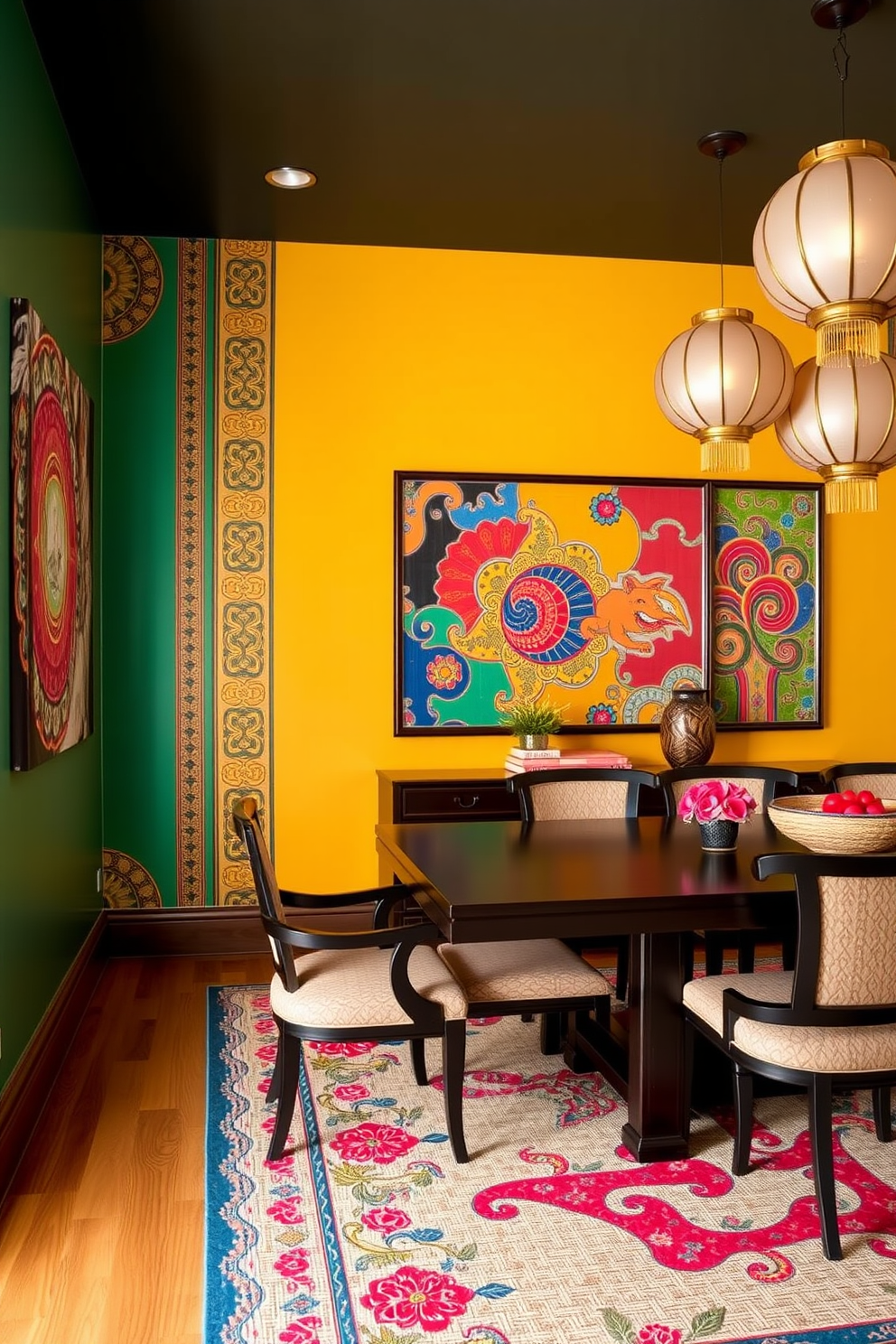 A vibrant Asian-inspired dining room features colorful wall art that showcases intricate patterns and bold colors. The space is adorned with a dark wooden table surrounded by elegant chairs, complemented by decorative lanterns hanging from the ceiling.