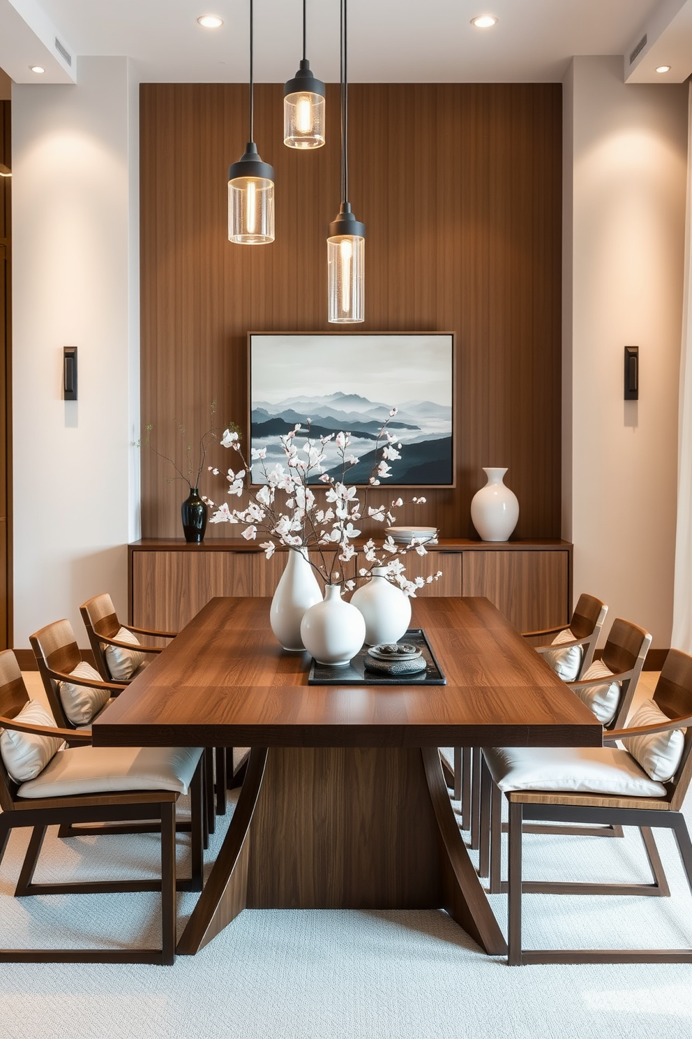 A contemporary Asian fusion dining room features a sleek wooden table surrounded by minimalist chairs with soft cushions. The walls are adorned with subtle bamboo paneling, and a large artwork depicting serene landscapes hangs above a low sideboard. Soft lighting from pendant fixtures creates a warm ambiance, while a centerpiece of elegant ceramic vases filled with cherry blossoms sits on the table. Natural elements like a small indoor water feature add tranquility to the space, enhancing the overall aesthetic.