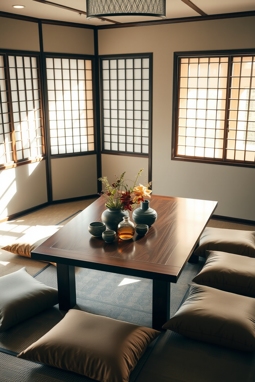 A serene Asian dining room featuring low seating arrangements with plush floor cushions in rich, earthy tones. The table is a sleek wooden design, surrounded by an assortment of decorative pillows that enhance comfort and style. Natural light filters through shoji screens, casting soft shadows across the space. A centerpiece of fresh flowers and traditional ceramics adorns the table, creating a harmonious and inviting atmosphere.