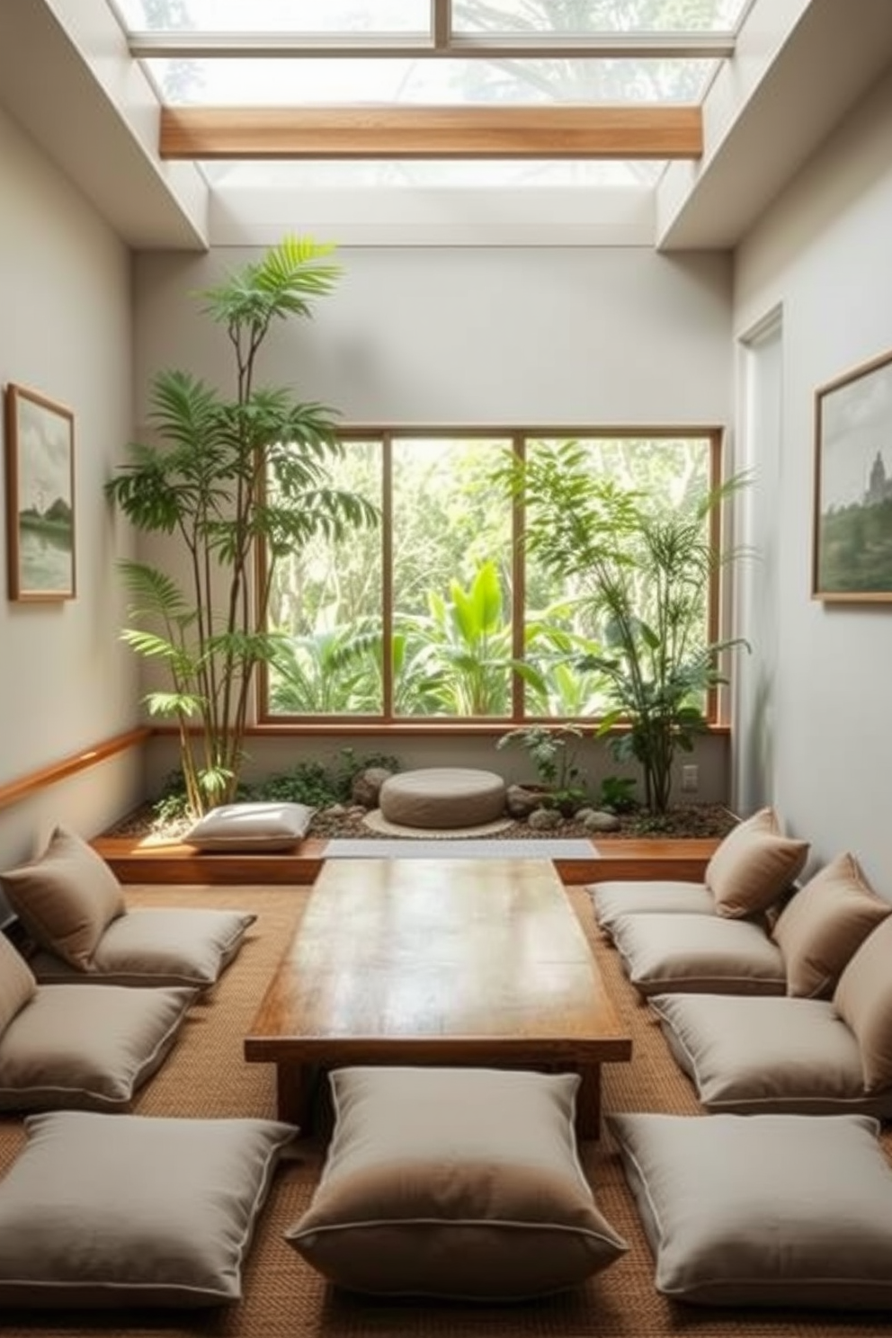 A serene indoor seating area inspired by a Zen garden. The space features a low wooden table surrounded by floor cushions in neutral tones, creating a calming atmosphere. Soft natural light filters through large windows, illuminating the room filled with lush greenery. The walls are adorned with simple artwork depicting tranquil landscapes, enhancing the peaceful vibe.