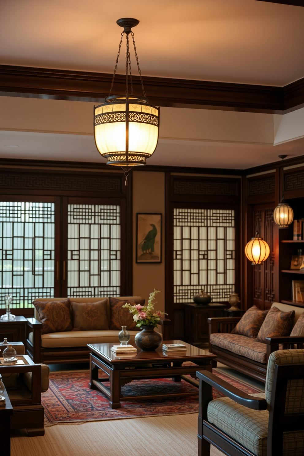 A cozy Asian living room features traditional lanterns that cast a warm, inviting glow throughout the space. The room is adorned with rich wooden furniture, plush cushions, and intricate textiles that reflect a harmonious blend of comfort and elegance.