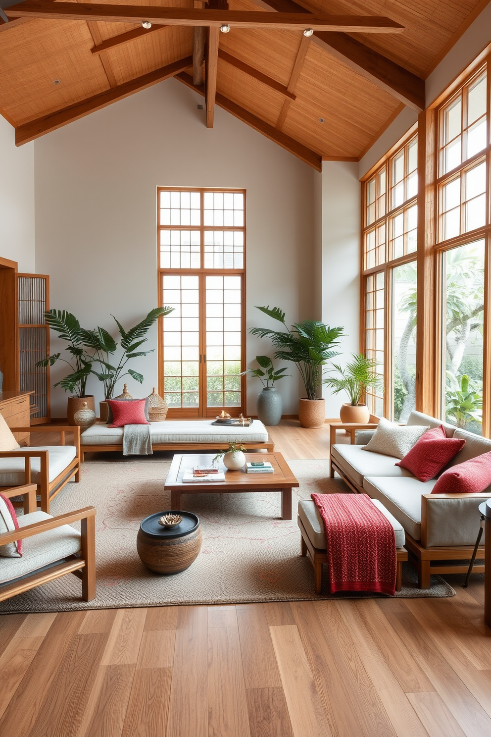 A serene Asian living room designed with feng shui principles features a balanced layout that promotes harmony and tranquility. Natural materials like wood and bamboo are used throughout, with a low coffee table surrounded by comfortable seating arranged in a circular formation. Soft, neutral colors dominate the space, accented by vibrant textiles and decorative elements that reflect nature. Large windows allow for ample natural light, while indoor plants are strategically placed to enhance the flow of energy.