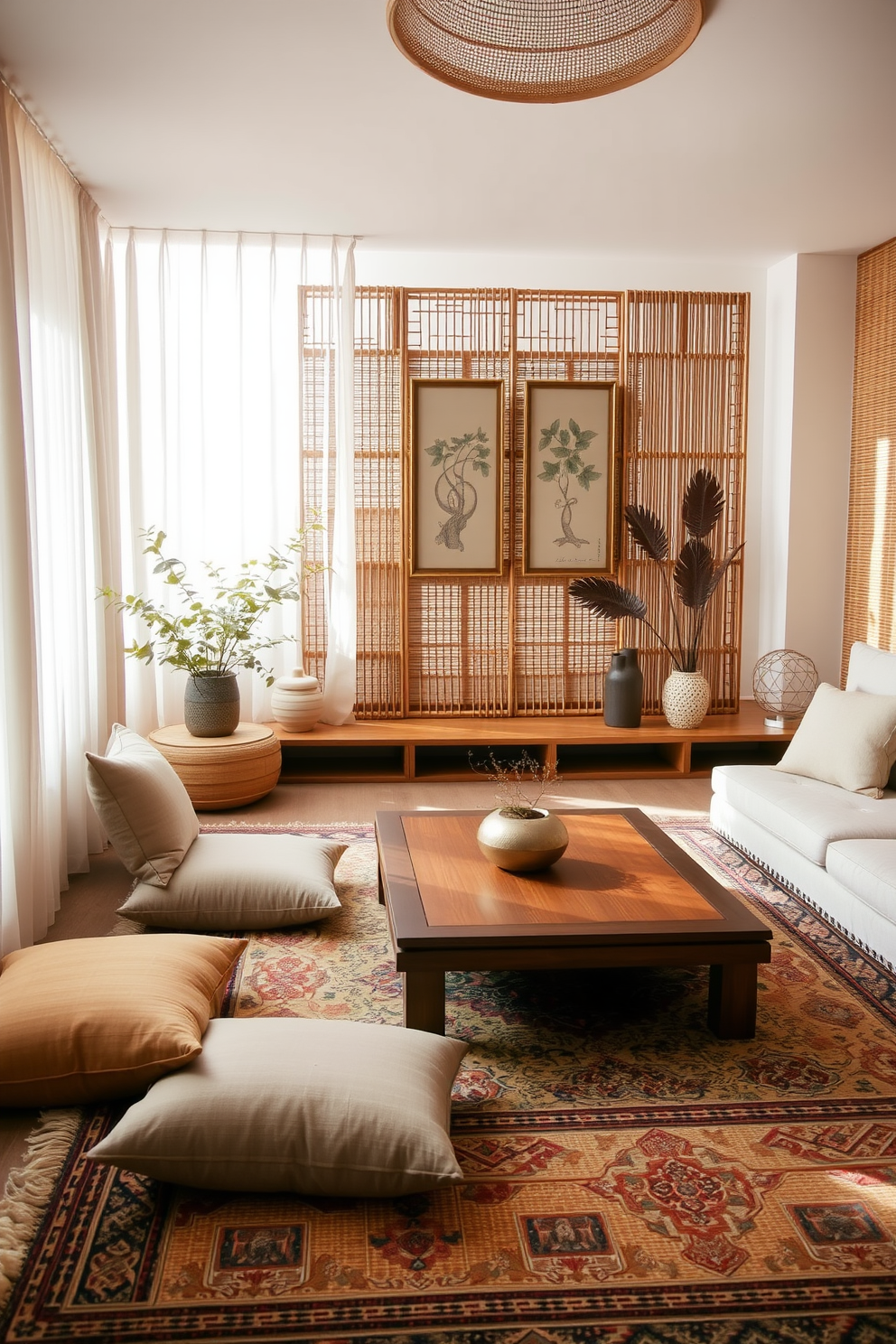 A serene Asian living room setting featuring woven textiles that add texture and warmth. The space includes a low wooden coffee table surrounded by plush floor cushions in soft earth tones. Natural light filters through sheer curtains, illuminating a bamboo accent wall adorned with traditional artwork. A large area rug with intricate patterns anchors the seating area, creating a cozy atmosphere.