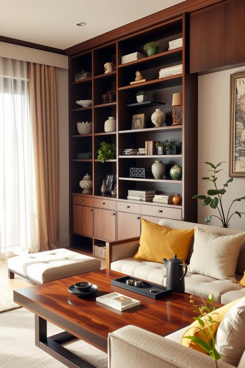 A serene Asian living room setting features open shelving along one wall, showcasing an array of decorative items such as ceramics, plants, and art pieces. The shelves are made of dark wood, complementing the warm tones of the room's furnishings. The seating area includes a low-profile sofa with plush cushions and a wooden coffee table adorned with a traditional tea set. Soft lighting filters through sheer curtains, creating a tranquil atmosphere that invites relaxation and reflection.