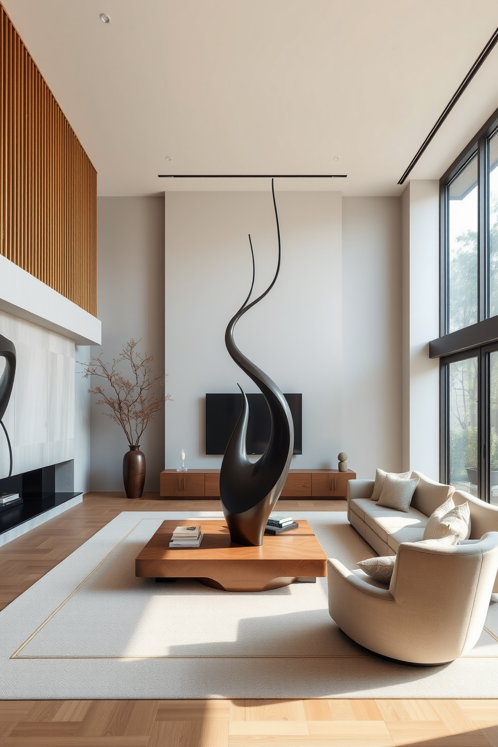 A contemporary Asian living room features a striking sculpture as the focal point, showcasing elegant lines and intricate details. The space is adorned with natural materials like bamboo and silk, creating a harmonious blend of comfort and sophistication. Soft neutral tones dominate the color palette, complemented by rich textures in the furnishings. Large windows allow natural light to flood the room, enhancing the serene atmosphere and highlighting the beauty of the sculpture.