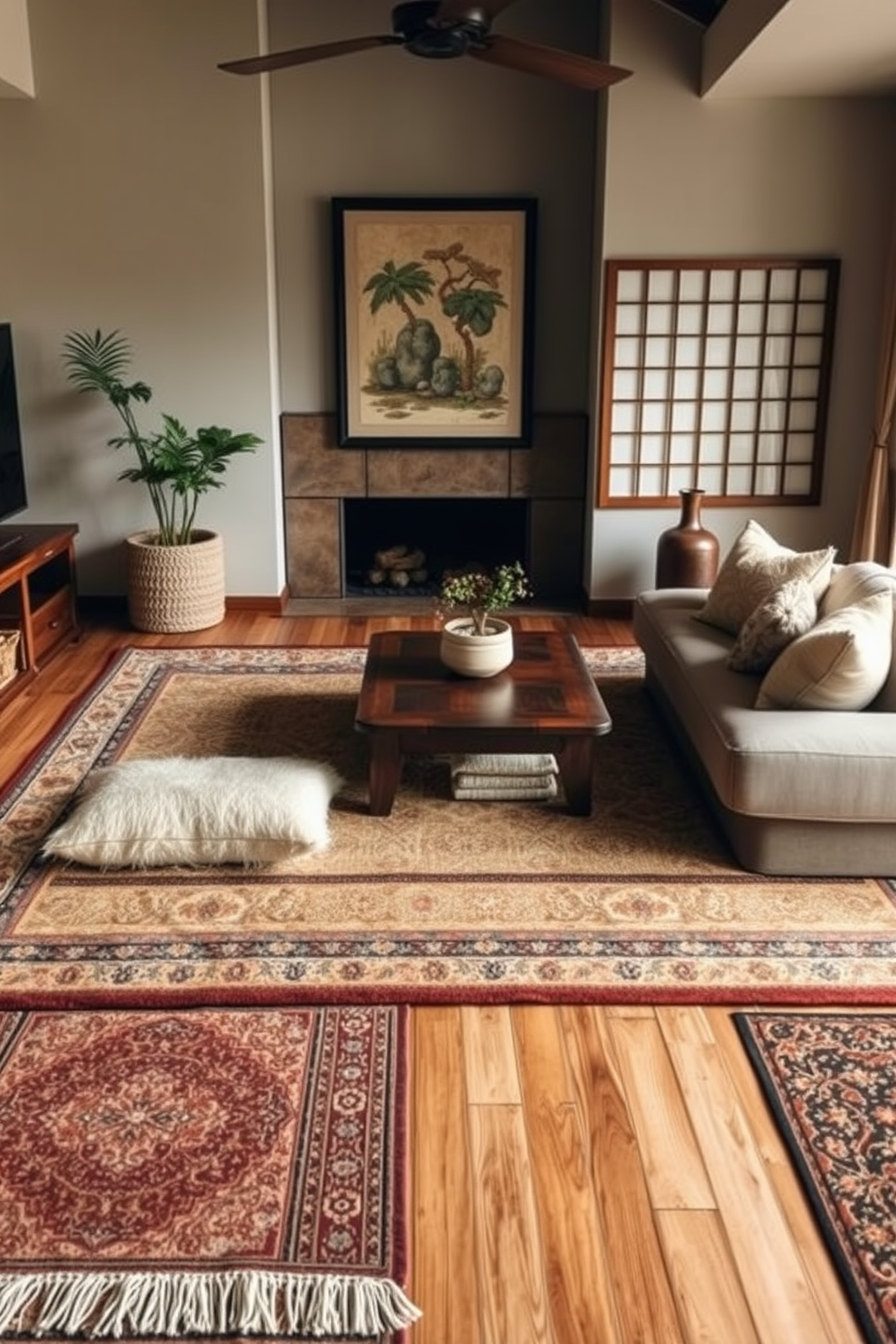 A cozy Asian-inspired living room featuring layered rugs that add visual interest and comfort. The space includes a low wooden coffee table surrounded by plush cushions and a warm color palette of earthy tones.