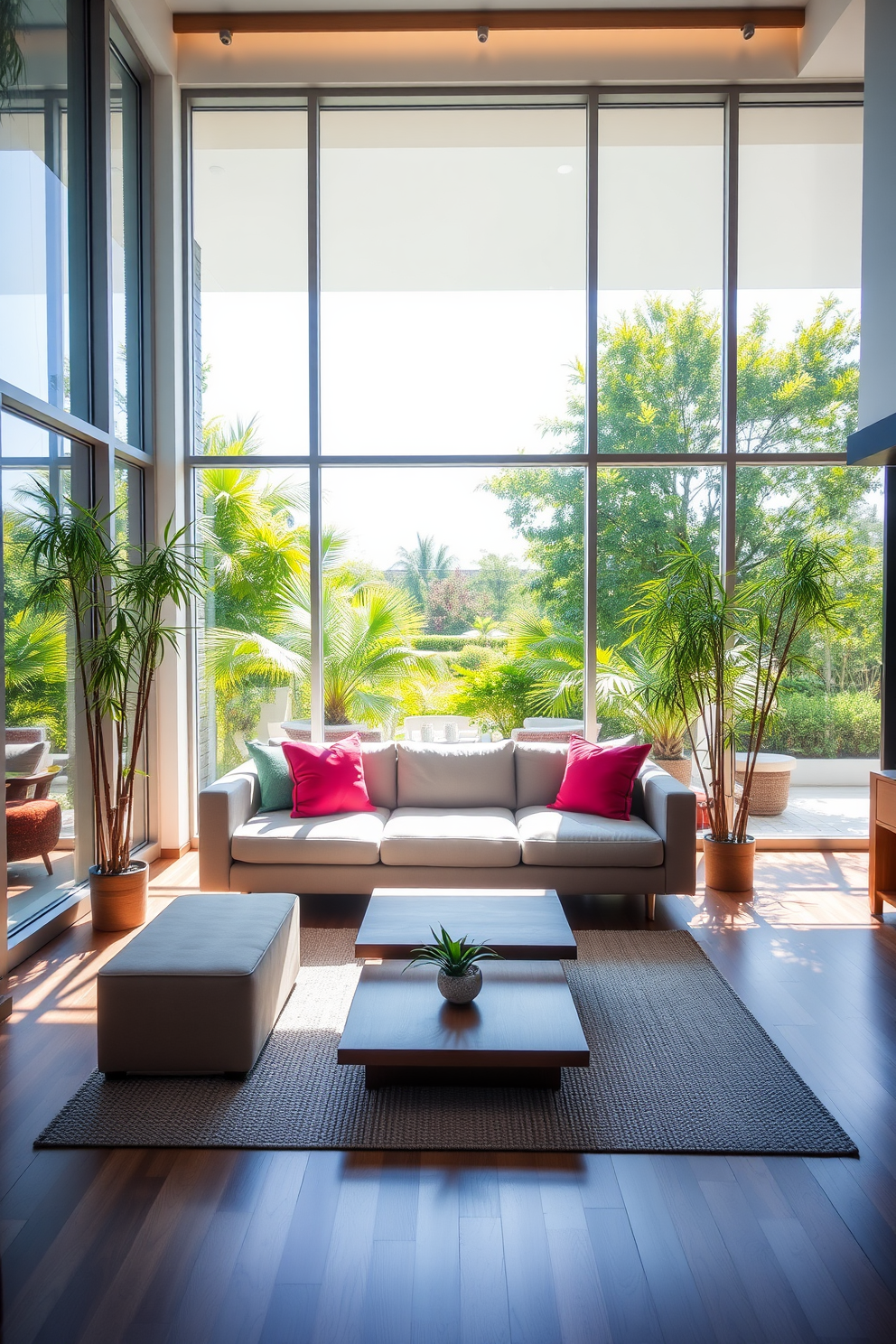 A serene living room infused with natural light. Large floor-to-ceiling windows frame a view of a lush garden, allowing sunlight to flood the space. The room features a low-profile sofa in a neutral color, accented with vibrant throw pillows. Bamboo plants in decorative pots add a touch of nature, while a sleek wooden coffee table sits at the center.