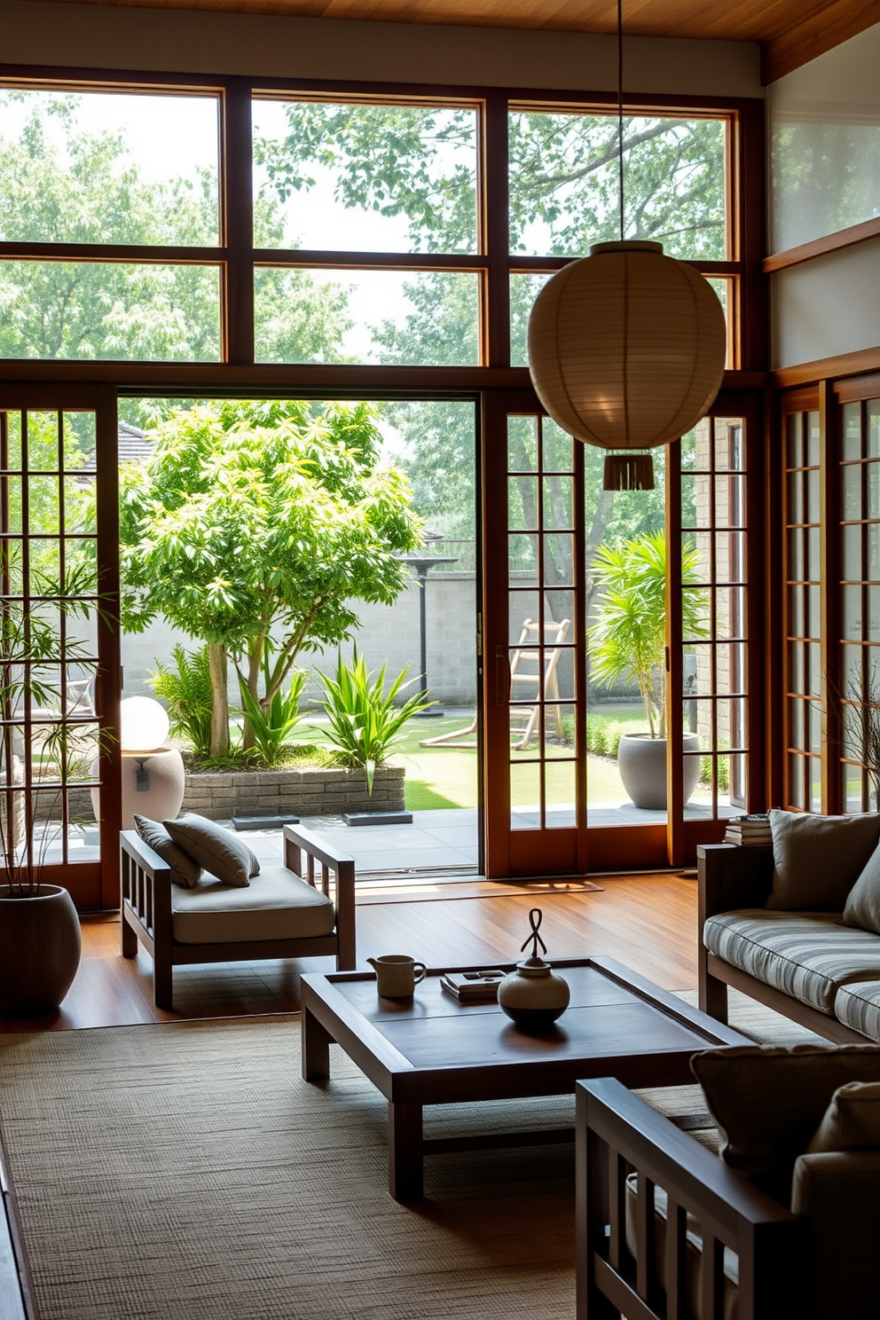 A serene Asian living room that seamlessly integrates indoor and outdoor spaces. Large patio doors open to a lush garden, allowing natural light to flood the room and create a harmonious atmosphere. The interior features low-profile furniture with natural wood finishes and soft, neutral textiles. Decorative elements include bamboo plants, paper lanterns, and a traditional tea set displayed on a low table.