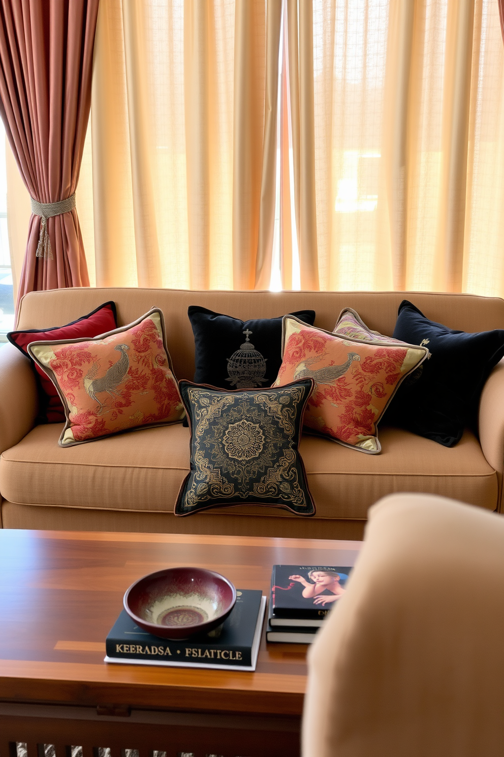 A cozy living room featuring a plush sofa adorned with accent cushions showcasing intricate Asian patterns and motifs. The space is enhanced by a low wooden coffee table and a backdrop of elegant silk drapes that complement the rich colors of the cushions.