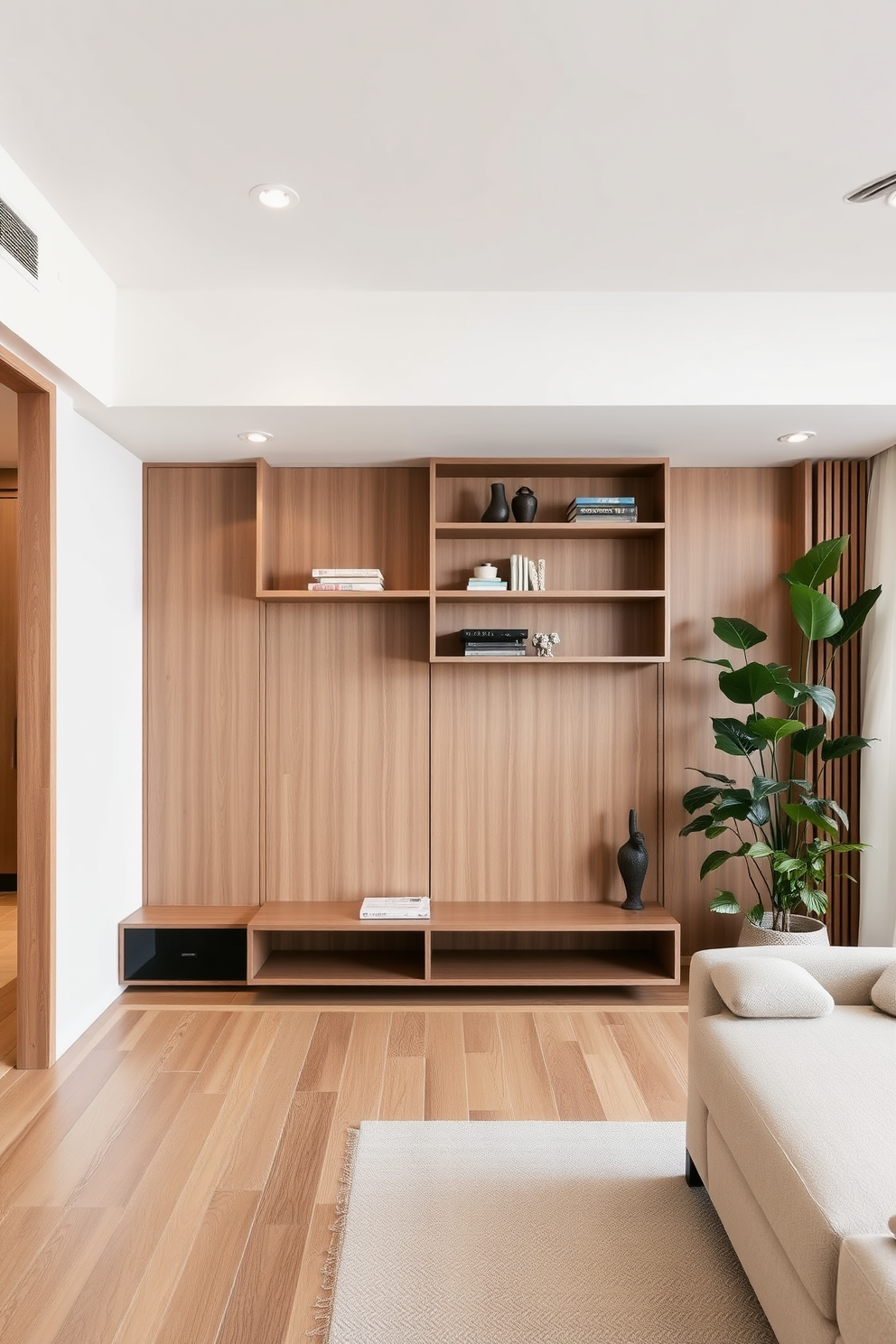 A serene Asian living room featuring wall-mounted storage that elegantly saves floor space. The design incorporates natural wood elements, soft neutral tones, and lush greenery to create a tranquil atmosphere.