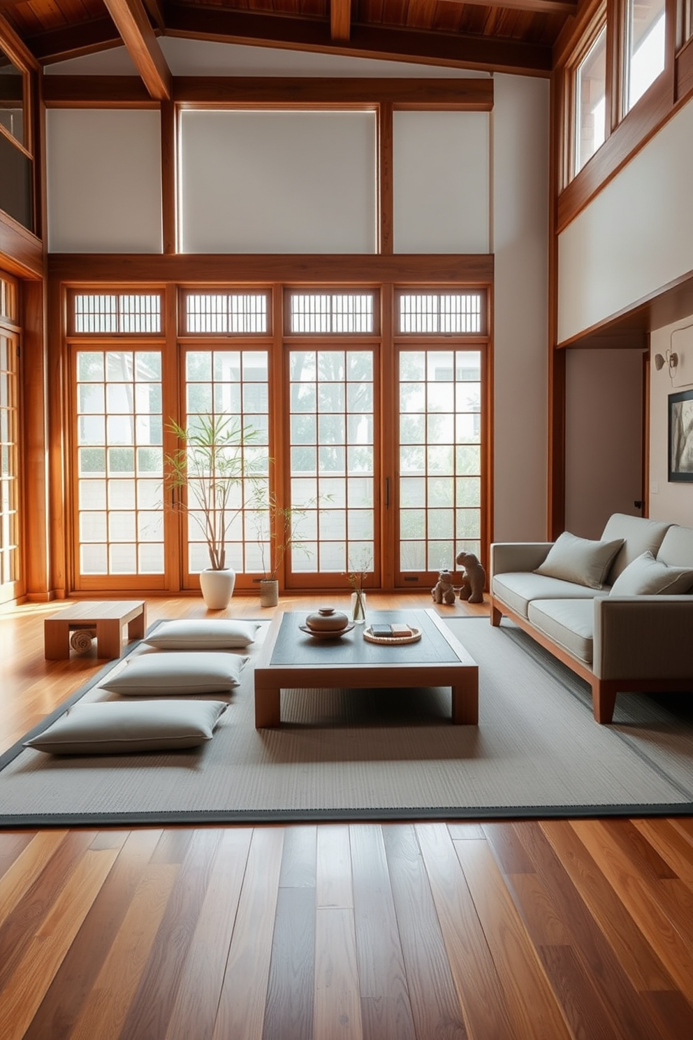 A serene Asian living room featuring minimalist furniture with natural wood accents. The space includes a low wooden coffee table surrounded by simple floor cushions and a sleek sofa with neutral upholstery. Large windows allow natural light to flood the room, highlighting the warm tones of the wood. Decorative elements like a bamboo plant and a few carefully chosen art pieces enhance the tranquil atmosphere.