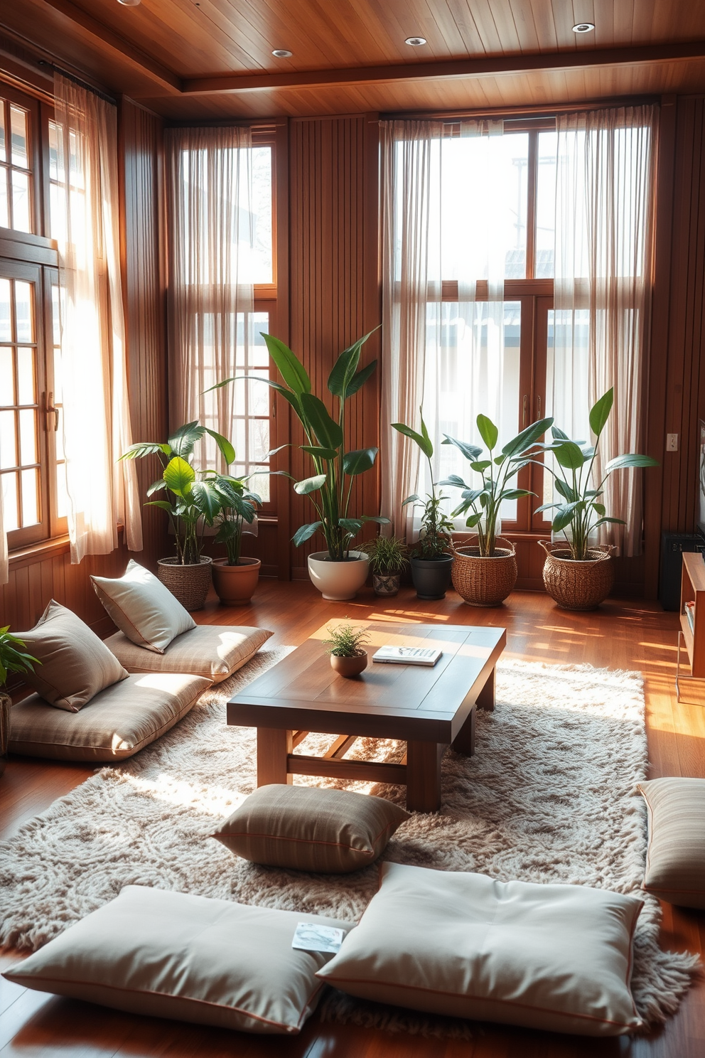 A cozy Asian living room featuring warm wood tones throughout. The space includes a low wooden coffee table surrounded by comfortable floor cushions and a plush area rug. Natural light filters in through large windows adorned with sheer curtains. A collection of indoor plants adds a touch of greenery, enhancing the serene atmosphere.