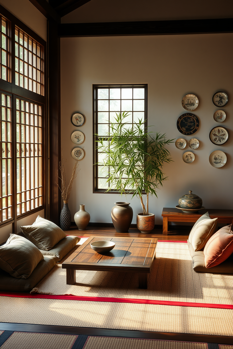 A serene Asian living room setting infused with authentic ceramics. The space features a low wooden coffee table surrounded by plush floor cushions in rich fabrics, creating a cozy atmosphere. On the walls, delicate ceramic plates in various sizes are artfully arranged, showcasing traditional Asian motifs. A large window allows natural light to flood the room, highlighting a bamboo plant in the corner and enhancing the tranquil ambiance.