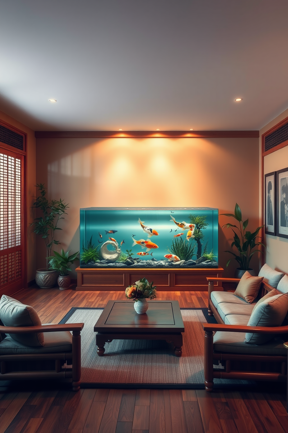 A serene Asian living room featuring a large koi fish tank as the centerpiece, creating a tranquil atmosphere. The room is adorned with natural wood furniture, including a low coffee table and comfortable seating with soft cushions in earthy tones. The walls are painted in a warm beige hue, complemented by bamboo accents and traditional artwork. Soft lighting illuminates the space, enhancing the peaceful ambiance while potted plants add a touch of greenery.