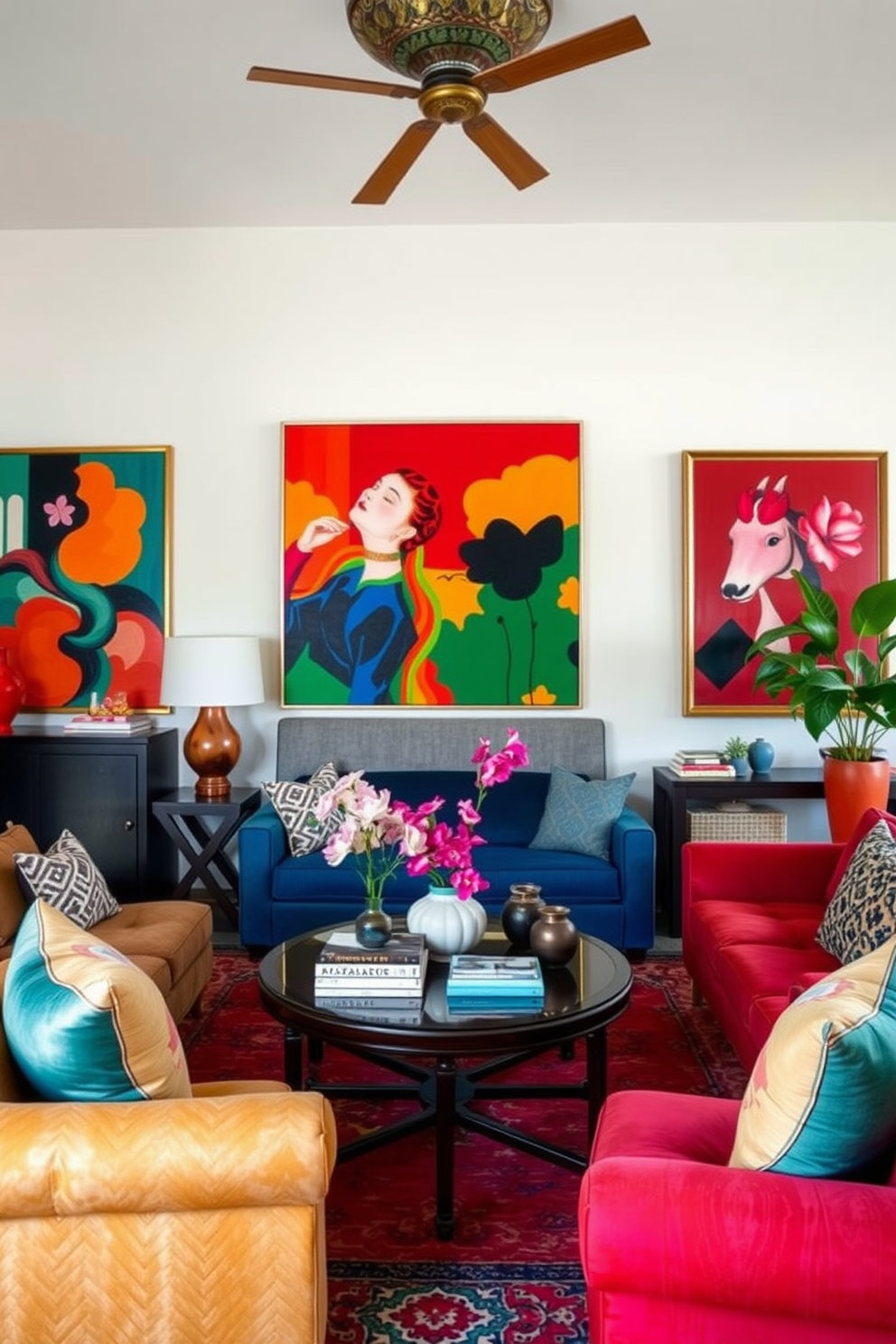 A vibrant Asian living room filled with bold colors and striking artwork. The walls are adorned with large, colorful paintings that create a lively atmosphere, while plush seating in rich fabrics complements the artistic elements.