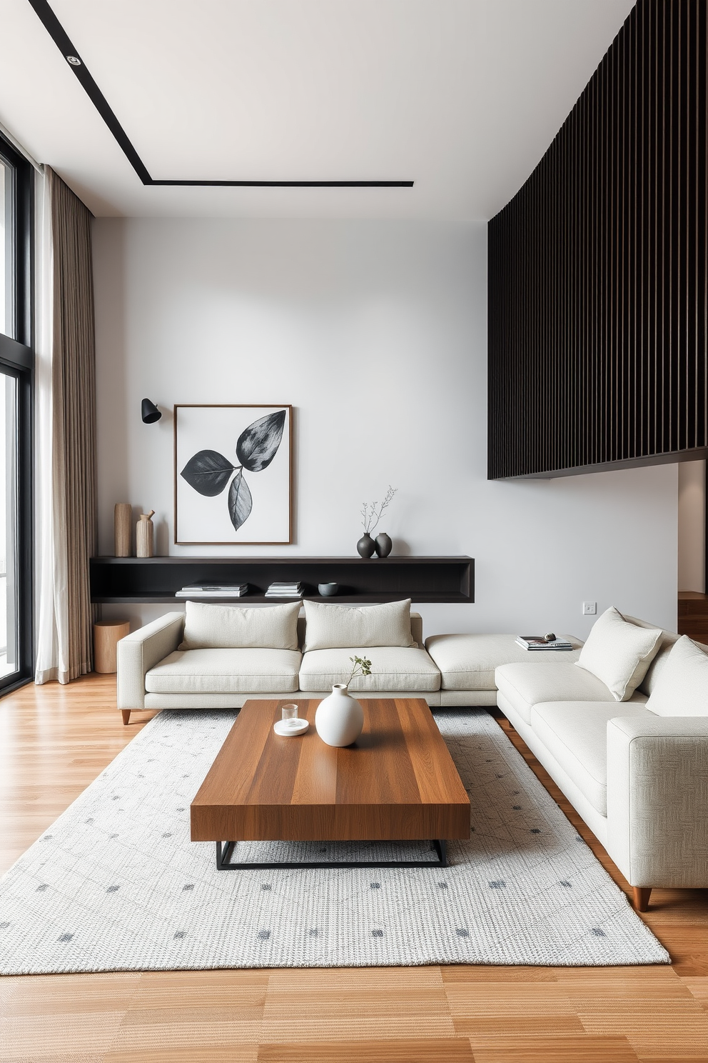 A modern Asian living room featuring simple lines and shapes. The space includes a low-profile sofa with neutral upholstery, complemented by a sleek wooden coffee table and minimalist decorative elements.