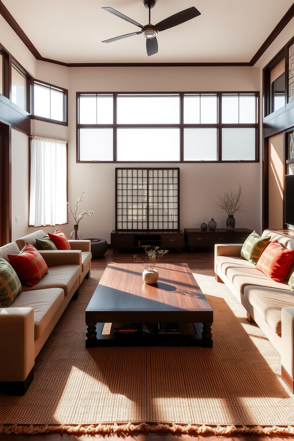 A serene living room that blends traditional Asian aesthetics with modern design elements. The space features a low wooden coffee table surrounded by plush, contemporary sofas adorned with vibrant cushions. On one side, a beautiful shoji screen provides a backdrop, while on the other, a sleek media console holds a minimalist television. Natural light floods the room through large windows, highlighting the intricate patterns of a handwoven area rug.