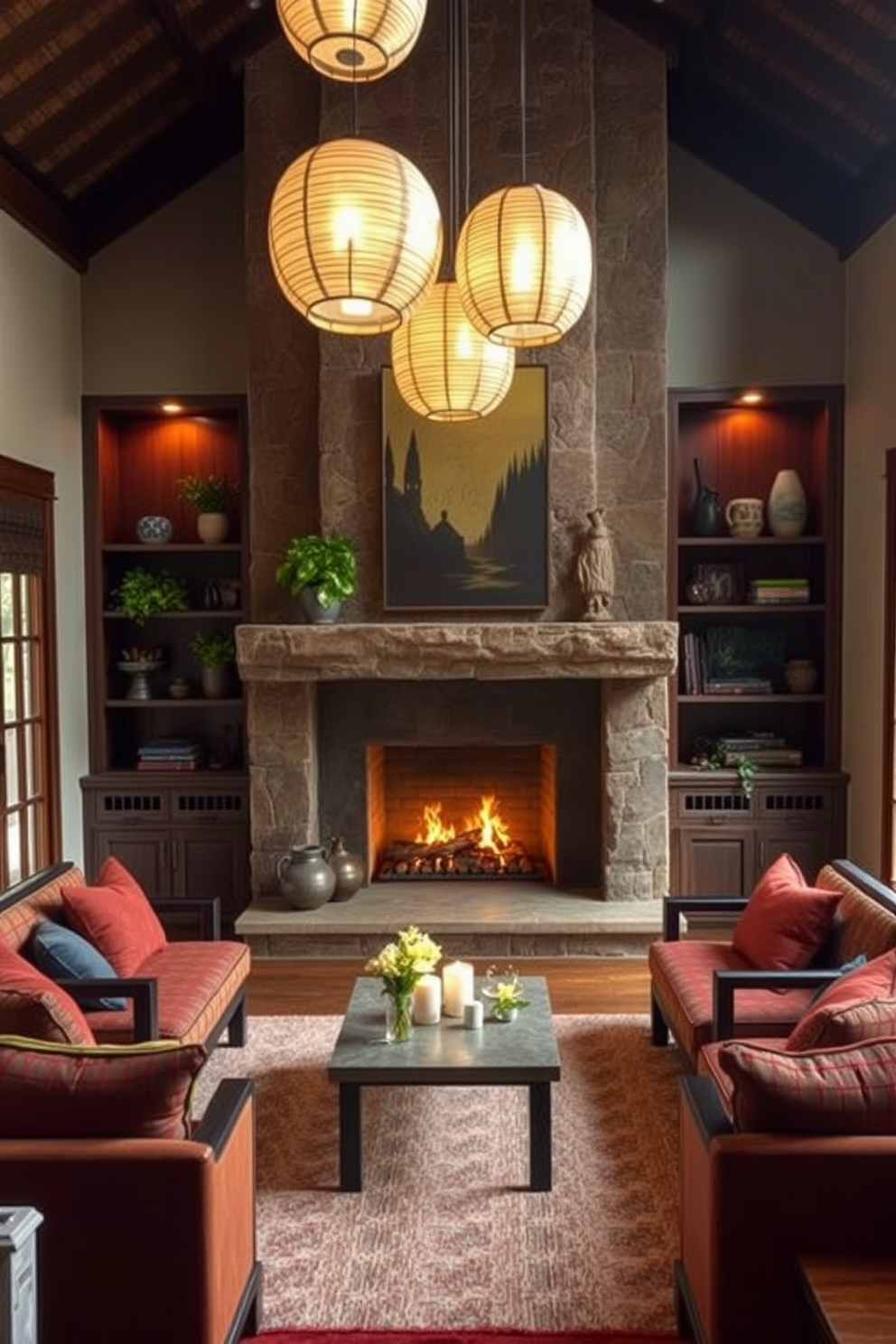 A serene Asian living room centered around a stunning fireplace. The fireplace is framed with natural stone and flanked by built-in wooden shelves filled with decorative items and plants. The seating area consists of low-profile sofas with rich fabrics and vibrant cushions. Soft lighting from paper lanterns creates a warm and inviting atmosphere, enhancing the room's tranquility.