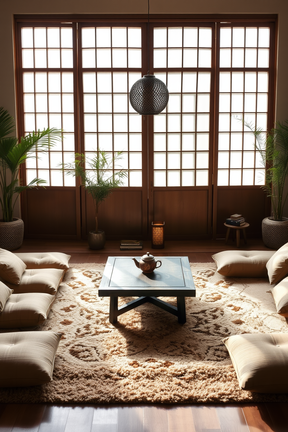 A serene Asian-inspired living room features a cozy tea corner designed for relaxation. The space includes a low wooden table surrounded by floor cushions, with a backdrop of sliding shoji screens and soft natural lighting. Decorative elements like bamboo plants and intricate lanterns enhance the tranquil atmosphere. A plush rug in earthy tones anchors the seating area, inviting moments of calm and contemplation.