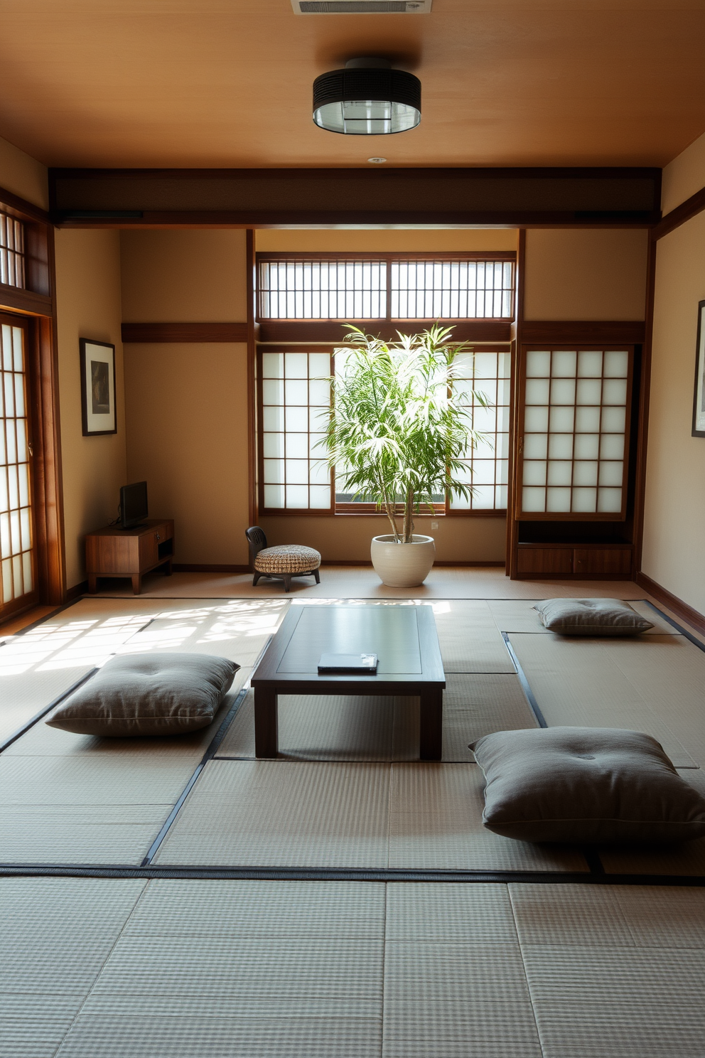 A serene Asian living room featuring tatami mats that create an authentic Japanese atmosphere. The space is adorned with low wooden furniture, a minimalistic coffee table, and floor cushions for seating. Natural light filters through shoji screens, casting gentle shadows on the walls painted in soft earth tones. A large indoor plant adds a touch of greenery, enhancing the tranquil ambiance of the room.