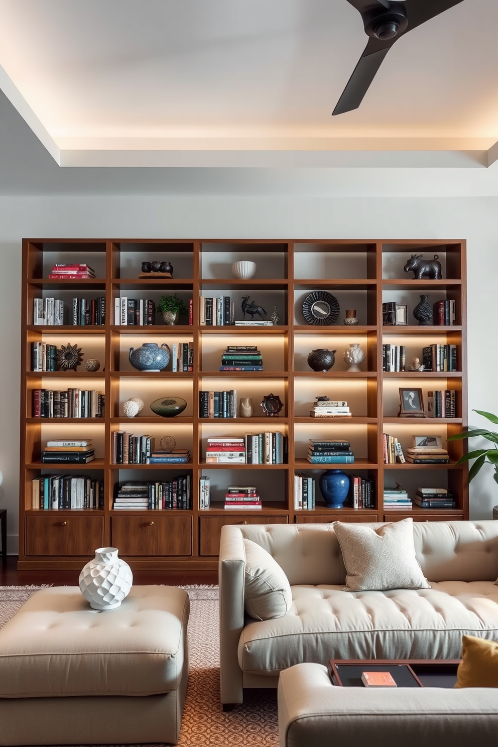 Artful arrangement of books and decor items creates a harmonious balance in the Asian living room. Soft lighting highlights the intricate details of the wooden shelves and the vibrant colors of the decorative pieces.