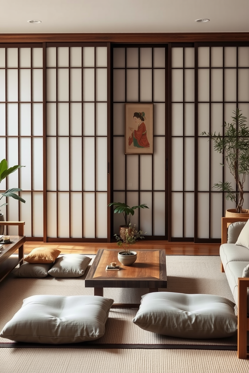 A serene Asian living room featuring sliding shoji screens that elegantly divide the space. The room is adorned with natural wood furniture and soft textiles, creating a tranquil atmosphere. In one corner, a low wooden coffee table is surrounded by plush floor cushions in muted colors. Potted plants and traditional artwork enhance the calming aesthetic, inviting relaxation and harmony.