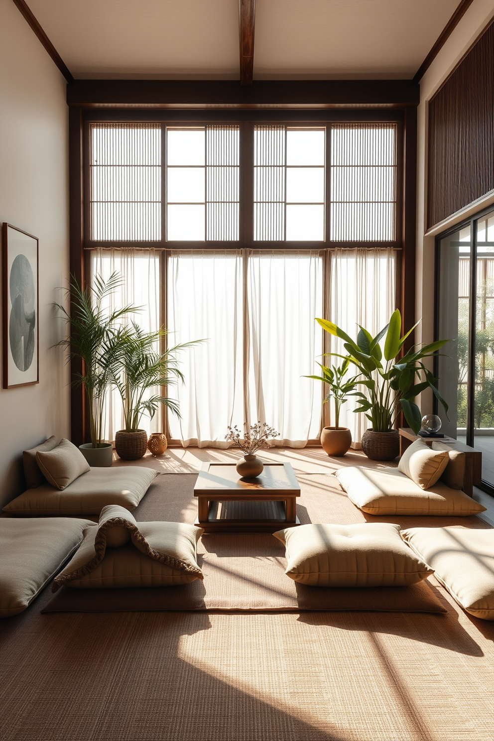 A serene Asian living room featuring low profile furniture that promotes a relaxed atmosphere. The seating includes a low wooden coffee table surrounded by plush floor cushions, with soft natural textiles in calming earth tones. The walls are adorned with minimalist artwork and bamboo accents, creating a harmonious blend of nature and design. Large windows allow ample natural light to flood the space, complemented by indoor plants that enhance the tranquil vibe.