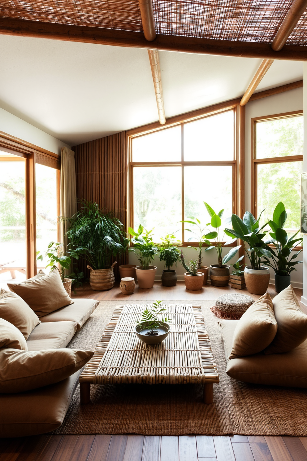 A serene living room featuring bamboo accents and natural materials. The space includes a low bamboo coffee table surrounded by comfortable cushions in earthy tones. Large windows allow natural light to flood the room, highlighting the bamboo ceiling beams. A collection of potted plants adds a touch of greenery, enhancing the tranquil atmosphere.