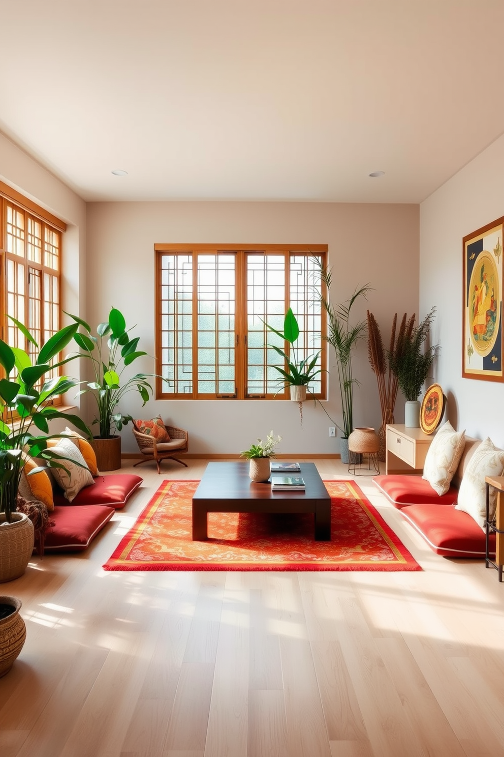 A serene Asian living room featuring a neutral color palette with soft beige walls and light wooden flooring. Accents of vibrant colors emerge through decorative cushions, a bright area rug, and artwork that showcases traditional Asian motifs. The space includes a low wooden coffee table surrounded by floor cushions for seating. Large windows allow natural light to flood in, highlighting a carefully curated selection of indoor plants and bamboo elements.