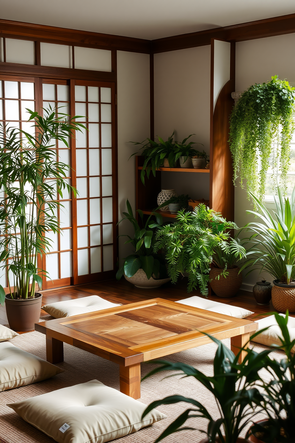 A serene Asian living room filled with lush indoor plants creating a fresh ambiance. The space features a low wooden coffee table surrounded by floor cushions, with a large potted bamboo plant in one corner and a cascading fern on a shelf.