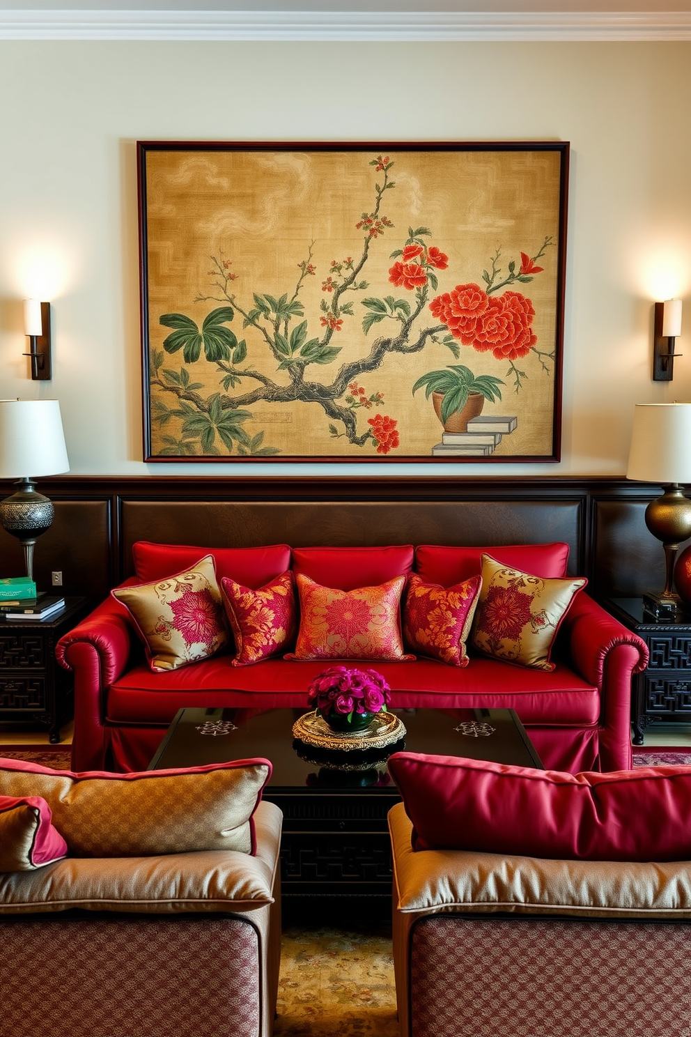 A statement wall features a large Asian art piece that adds cultural depth and vibrancy to the space. The living room is furnished with a low-profile sofa in rich fabrics, complemented by intricate wooden side tables and soft lighting fixtures. The color palette combines deep reds and golds, creating a warm and inviting atmosphere. Plush cushions with traditional patterns are scattered across the seating, enhancing comfort and style.